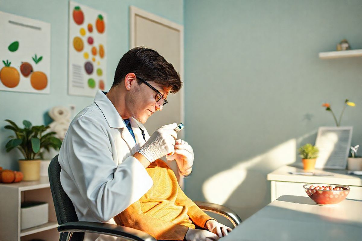 A photorealistic image featuring a serene medical setting, showcasing a healthcare professional administering the FluMist vaccine to a smiling child in a bright, well-lit examination room. The child, about six years old, sits comfortably in a chair, exhibiting a look of curiosity and ease. The healthcare provider, wearing a white coat and gloves, gently holds the nasal sprayer while leaning slightly towards the child, fostering a sense of trust and care. Around them, the room is decorated with cheerful, child-friendly elements such as colorful posters of fruits and vegetables, a plush toy on a nearby shelf, and a small potted plant adding a touch of nature. A medical chart and a bowl of candy sit on a desk in the background, creating an inviting atmosphere. The lighting is soft and warm, casting gentle shadows and highlighting the professional’s focused expression, underscoring the importance of vaccination. This image captures the essence of healthcare, trust, and the significance of preventive measures in a child-friendly environment, perfectly aligning with the theme of FluMist and its administration.