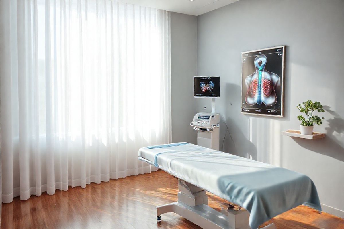 A photorealistic image depicting a serene, softly lit medical examination room. The focal point is a modern, white examination table adorned with a light blue examination sheet, reflecting a clean and sterile environment. To the left, a large window allows gentle sunlight to filter through sheer white curtains, casting soft shadows on the light gray walls. On the right, a sleek ultrasound machine stands ready, its screen displaying a clear image of a thyroid gland in vibrant colors. A framed anatomical poster of the human thyroid hangs on the wall, providing educational context. The floor is polished wood, adding warmth to the clinical setting. A small potted plant with lush green leaves sits on a nearby shelf, bringing a touch of nature into the room. The overall ambiance is calm and inviting, evoking a sense of hope and reassurance for patients undergoing examinations for thyroid conditions. The image captures the essence of healthcare, emphasizing the importance of early detection and the supportive environment of a medical facility.