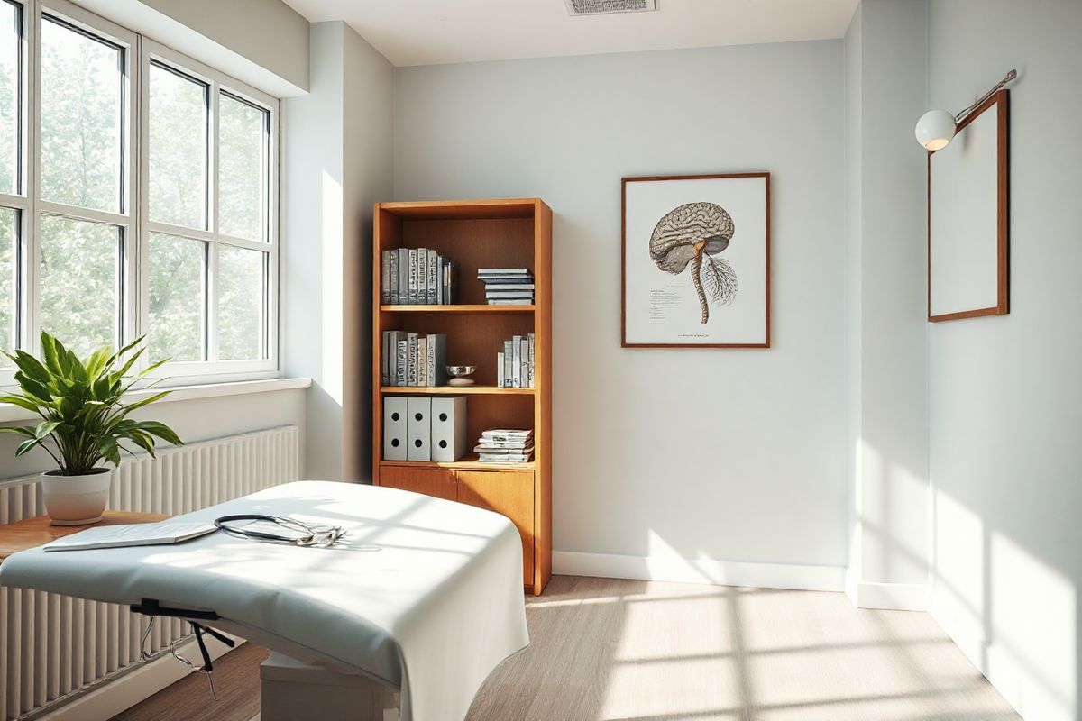 A photorealistic image depicting a serene and inviting medical consultation room, bathed in soft, natural light filtering through large windows. The room features a comfortable examination table draped in crisp white linens, alongside a sleek wooden desk adorned with a stethoscope and a few medical charts. A bookshelf in the background holds various medical textbooks and journals, showcasing a blend of knowledge and care. On the desk, a small potted plant adds a touch of greenery, symbolizing hope and healing. The walls are painted in calming pastel colors, creating a tranquil atmosphere conducive to patient comfort. A framed anatomical illustration of the human brain and nervous system hangs on one wall, subtly emphasizing the importance of neurological health. In the corner, a modern light fixture casts a warm glow, enhancing the overall inviting ambiance of the room. This image encapsulates the essence of medical professionalism while promoting a sense of safety and reassurance for those seeking help.