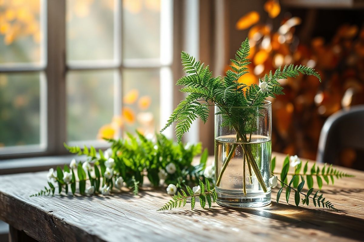 A serene and inviting scene depicting a softly lit, rustic wooden table adorned with an arrangement of lush, green ferns and delicate white flowers, symbolizing the beauty of nature. In the background, a subtle blur of vibrant autumn leaves in warm shades of orange and yellow creates a cozy atmosphere. A glass vase filled with water sits prominently, showcasing the intricate details of the ferns reflected on the surface. Soft sunlight streams through a nearby window, casting gentle shadows that dance across the table, enhancing the tranquility of the setting. The overall composition conveys a sense of peace and connection to nature, serving as a reminder of the importance of health and well-being. The focus on natural elements evokes a feeling of calm, providing an inspiring backdrop for discussions about health risks and the significance of vigilance in recognizing symptoms.