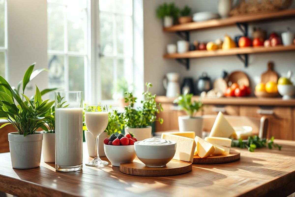 A photorealistic image depicting a serene kitchen setting bathed in soft, natural light filtering through a large window. In the foreground, a wooden dining table is elegantly set with a selection of lactose-free dairy alternatives, including a glass of creamy lactose-free milk, a bowl of smooth lactose-free yogurt garnished with fresh berries, and a plate of artisanal hard cheeses. Surrounding the table, vibrant green plants in stylish pots add a touch of life and freshness to the scene. In the background, shelves neatly display various kitchen items, including colorful fruits and vegetables, emphasizing a healthy lifestyle. The overall ambiance is warm and inviting, conveying a sense of comfort and well-being, perfect for individuals managing lactose intolerance. The gentle play of light and shadow enhances the textures of the food items and the wooden table, creating a realistic and appealing visual that reflects both culinary delight and dietary mindfulness.