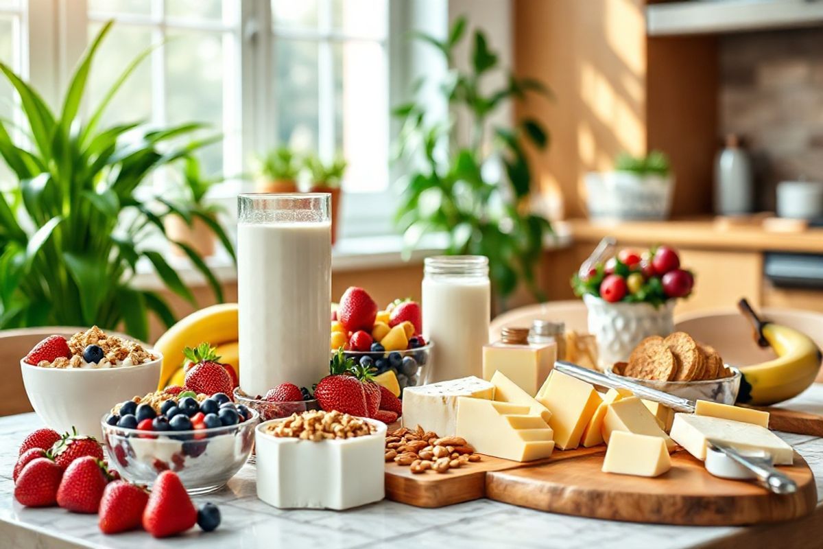 A photorealistic image of a beautifully arranged breakfast table featuring an array of lactose-free dairy alternatives. The centerpiece showcases a glass of creamy lactose-free milk, surrounded by a variety of colorful fruits such as ripe strawberries, blueberries, and sliced bananas. On the table, there are bowls of smooth yogurt topped with granola and honey, exuding a fresh and inviting appeal. Soft cheeses like feta and a selection of hard cheeses are artfully displayed on a wooden cheese board, complemented by crisp crackers and a small bowl of mixed nuts. The background features a sunlit kitchen with warm, inviting tones, and lush green plants that add a touch of nature. The overall atmosphere is bright and cheerful, symbolizing a healthy, balanced breakfast option that caters to those with lactose intolerance, promoting a sense of well-being and enjoyment in food choices.