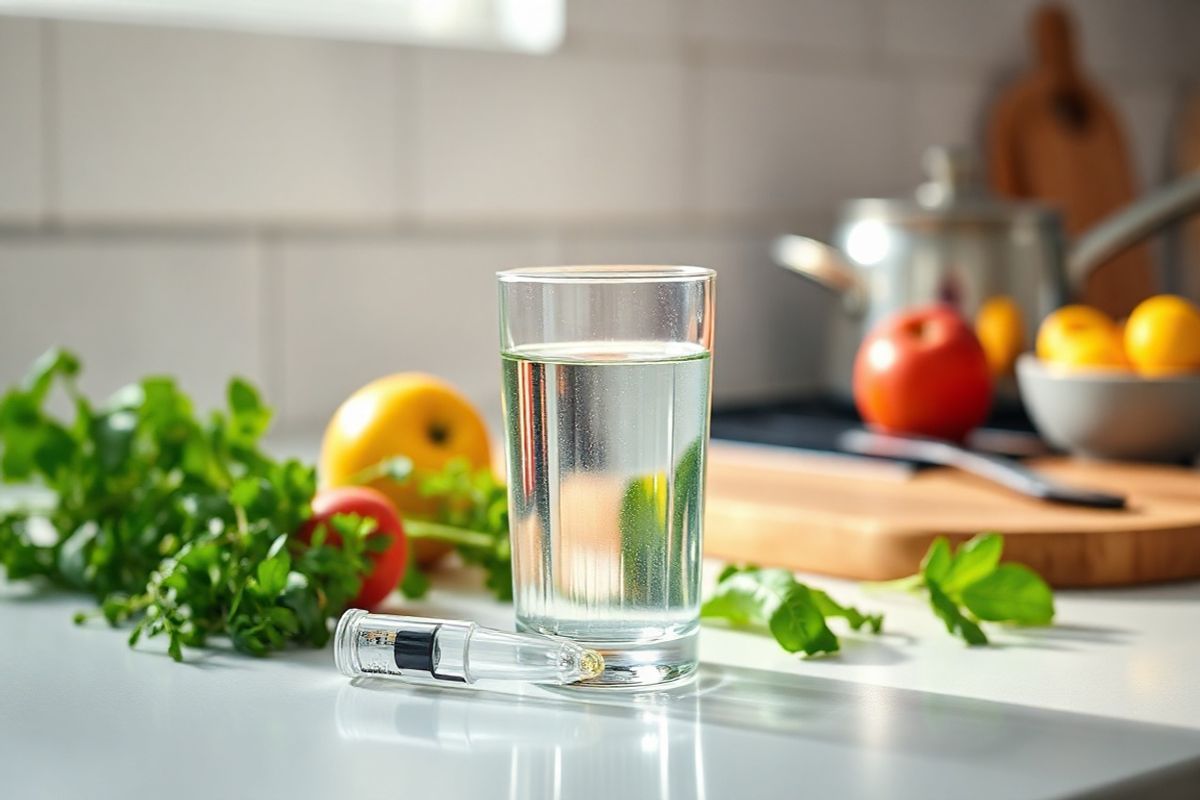 A photorealistic image depicting a serene and organized kitchen counter set in soft, natural lighting. The focus is on a clear glass of water, with a small, open ampule of Gastrocrom placed beside it, showcasing its sleek design. The water is gently rippling, reflecting the light, emphasizing the importance of preparation and proper dosing. Surrounding the glass are fresh ingredients such as vibrant green herbs, a few colorful fruits, and a well-used cutting board, symbolizing health and wellness. In the background, a subtle hint of a cooking setup is visible, with a pot simmering softly on the stove, conveying a sense of routine and consistency in daily life. The overall color palette is warm and inviting, blending soft whites and calming greens, which evoke a sense of tranquility and focus on health. The composition is clean and uncluttered, reinforcing the message of careful administration and mindful preparation in the context of taking Gastrocrom effectively. The image captures both the essence of home and the importance of medication adherence, making it a perfect visual accompaniment to the provided text.