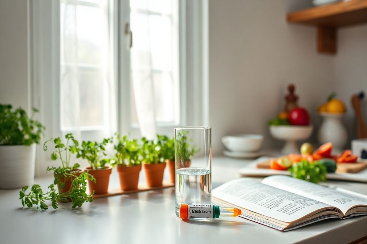 A serene and inviting kitchen setting, bathed in soft, natural light streaming through a window adorned with delicate sheer curtains. The countertop features a decorative display of fresh herbs in small terracotta pots, symbolizing health and well-being. In the foreground, a clear glass of water sits next to an open ampule of Gastrocrom, its contents partially poured into the glass, hinting at the importance of proper medication preparation. Surrounding the setting are subtle hints of a balanced lifestyle: a bowl of vibrant fruits, a wooden cutting board with freshly chopped vegetables, and a cookbook open to a page on healthy recipes. The overall atmosphere is calm and organized, reflecting a sense of care and attention to health. The color palette consists of soft greens, warm browns, and gentle whites, creating a cozy yet professional ambiance. This image captures the essence of daily health management and the importance of medication adherence, inviting the viewer into a world where wellness is visually celebrated.