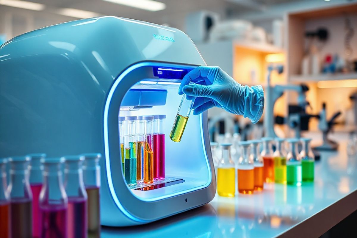 A close-up, photorealistic image of a laboratory setting focused on a sleek, modern genetic testing machine. The machine is elegantly designed with a glossy white exterior and blue LED lights softly illuminating its interface. Surrounding the machine are various glass vials filled with colorful liquids, symbolizing different genetic samples. A pair of gloved hands is shown delicately placing a vial into the machine, conveying precision and care. In the background, a well-organized workbench is visible, adorned with scientific equipment like pipettes, microscopes, and DNA models, creating an atmosphere of advanced research. The lighting is bright yet warm, enhancing the sterile yet inviting environment of a cutting-edge laboratory. The overall composition emphasizes the importance of genetic testing, showcasing the blend of science and technology in understanding inherited health risks, while evoking a sense of hope and discovery in the realm of healthcare.