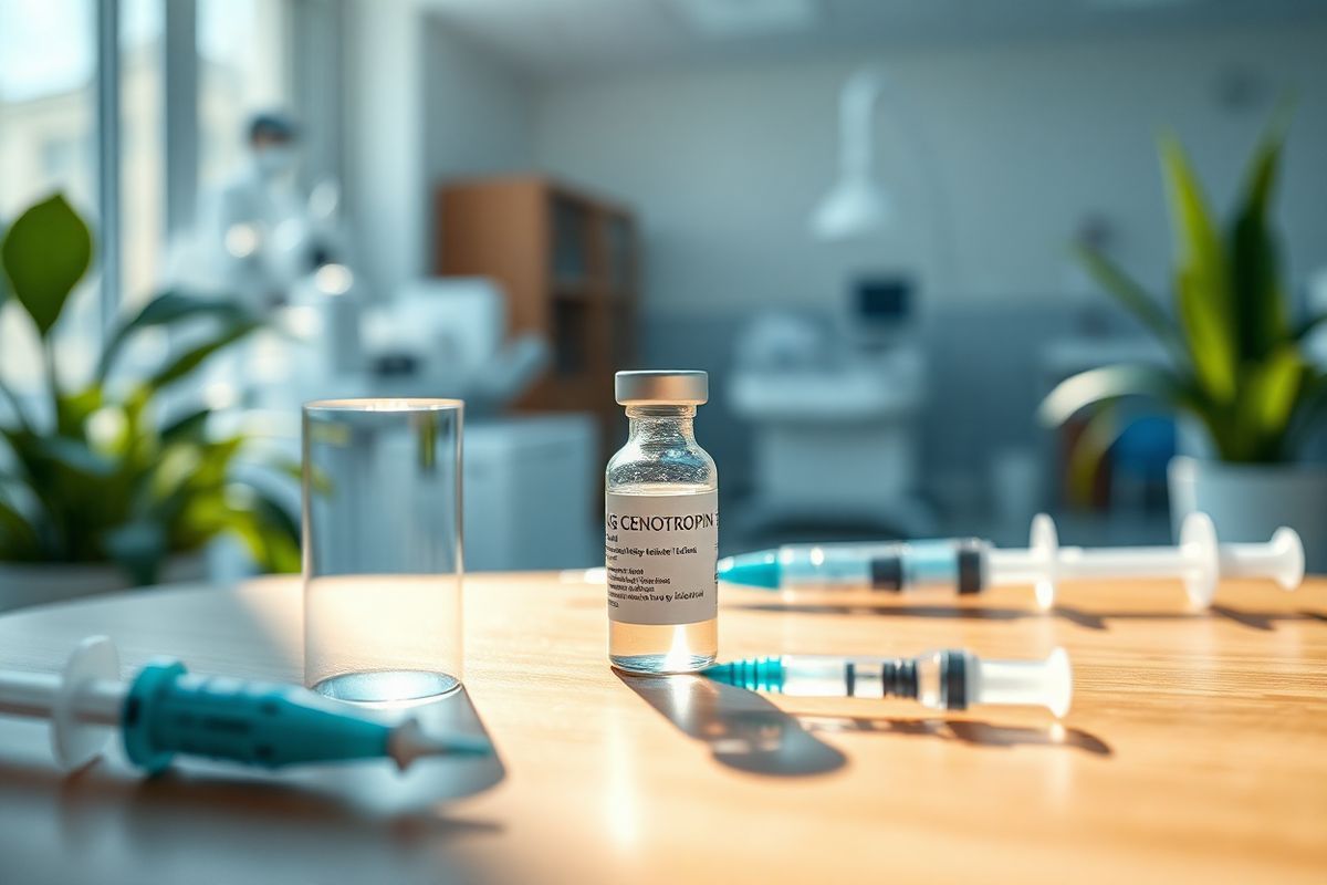 A close-up of a serene medical setting featuring a clear glass vial of Genotropin, elegantly placed on a polished wooden surface. The vial is partially illuminated by soft, natural light streaming through a nearby window, highlighting the intricate details of the liquid inside. Surrounding the vial, delicate syringes and alcohol swabs are arranged neatly, emphasizing the careful preparation for an injection. In the background, a blurred image of a modern healthcare facility can be seen, with hints of medical equipment and soothing green plants, creating a calming atmosphere. The color palette consists of soft blues, whites, and natural wood tones, evoking a sense of trust and professionalism. A subtle reflection of the vial can be seen on the surface, adding depth to the image, while gentle shadows create a sense of warmth and reassurance in this clinical environment.