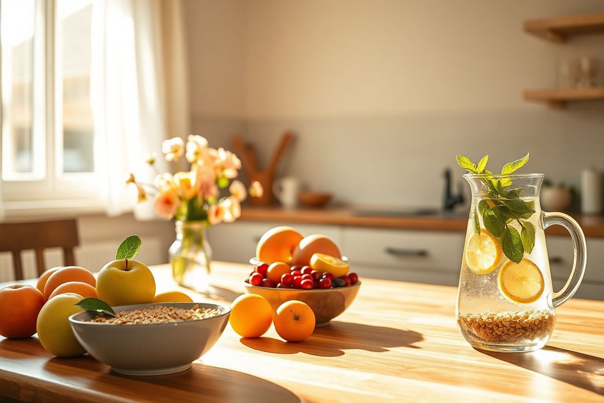 A serene and inviting scene captures a sunlit kitchen, featuring a beautifully arranged wooden dining table adorned with fresh, vibrant fruits such as apples, oranges, and berries, symbolizing health and nourishment. Soft, golden light filters through a window adorned with sheer white curtains, casting gentle shadows across the room. In the background, a vase of fresh flowers in pastel hues adds a touch of elegance and warmth. The countertops are neatly organized, showcasing a bowl of wholesome whole grains and a glass pitcher filled with refreshing water infused with lemon and mint leaves, emphasizing hydration and well-being. The overall color palette is warm and earthy, featuring soft greens, warm browns, and sunny yellows, creating a calming atmosphere that resonates with the themes of health, care, and wellness during pregnancy. This image evokes a sense of tranquility and mindfulness, making it an ideal backdrop for discussions around gestational diabetes management and healthy living.