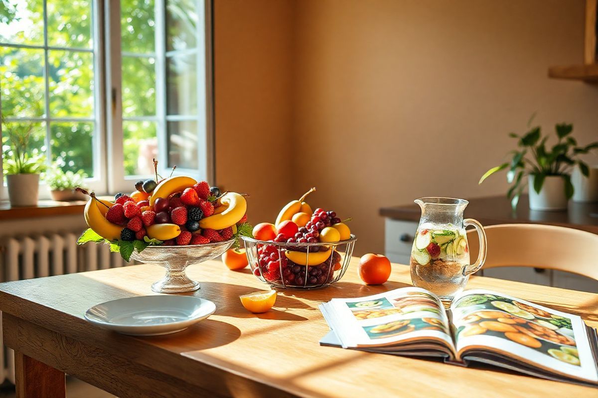 A serene and inviting kitchen scene bathed in soft, natural light, featuring a wooden dining table adorned with a vibrant, fresh fruit centerpiece, including ripe berries, bananas, and apples. In the background, a window opens to a lush garden, with sunlight filtering through the leaves, casting gentle shadows on the countertop. A neatly arranged plate of whole grain bread and a pitcher of infused water with slices of lemon and cucumber complement the healthy theme. On the side, a cookbook with colorful images of nutritious meals lies open, inviting exploration. The walls are painted in warm, neutral tones, creating a calm atmosphere. A potted plant sits on the windowsill, adding a touch of greenery. The overall ambiance is one of warmth, health, and wellness, reflecting a lifestyle focused on nutrition and family.