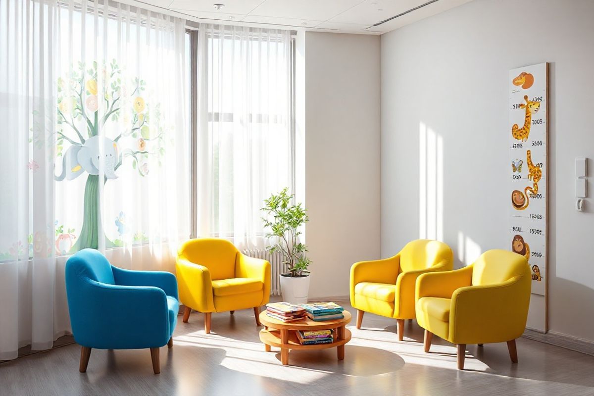 A serene and inviting pediatric clinic waiting room is depicted in this photorealistic image. The room is bathed in soft, natural light streaming through large windows adorned with sheer white curtains. On one side, a colorful mural of a whimsical tree with playful animals—like a cheerful elephant, a curious monkey, and a friendly giraffe—draws the attention of young visitors. In the center, a cozy seating area features plush chairs in vibrant hues of blue and yellow, arranged around a low, round table stacked with children’s books and toys. A small potted plant adds a touch of greenery to the space. Nearby, a growth chart on the wall illustrates various heights marked with playful illustrations, symbolizing growth and development. The overall atmosphere is warm and welcoming, designed to ease the anxiety of children and their parents as they await their appointments. This image embodies a supportive environment focused on health and well-being, reflecting the importance of early intervention and community care for children with growth hormone deficiency.