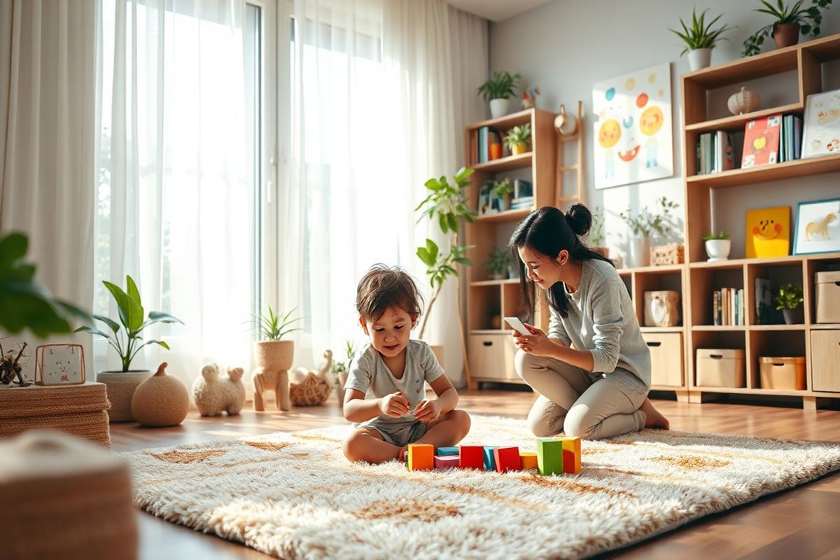 A photorealistic image capturing a serene and warm environment that symbolizes support and growth for children with chronic conditions. The scene features a cozy living room with soft, natural light filtering through large windows adorned with sheer curtains. In the foreground, a young child sits on a plush, colorful rug, engaged in a creative activity, such as painting or building with blocks, showcasing joy and concentration. Nearby, a supportive parent is kneeling, offering encouragement and guidance. Shelves in the background are filled with books and toys, illustrating a nurturing space. Potted plants add a touch of greenery, symbolizing growth and vitality. The walls are decorated with cheerful artwork created by children, reflecting individuality and creativity. The overall atmosphere is inviting and warm, embodying open communication and emotional support, conveying a sense of empowerment and understanding in a child’s journey with growth hormone deficiency. The image conveys hope, connection, and resilience, making it an ideal visual representation of the themes discussed in the article.