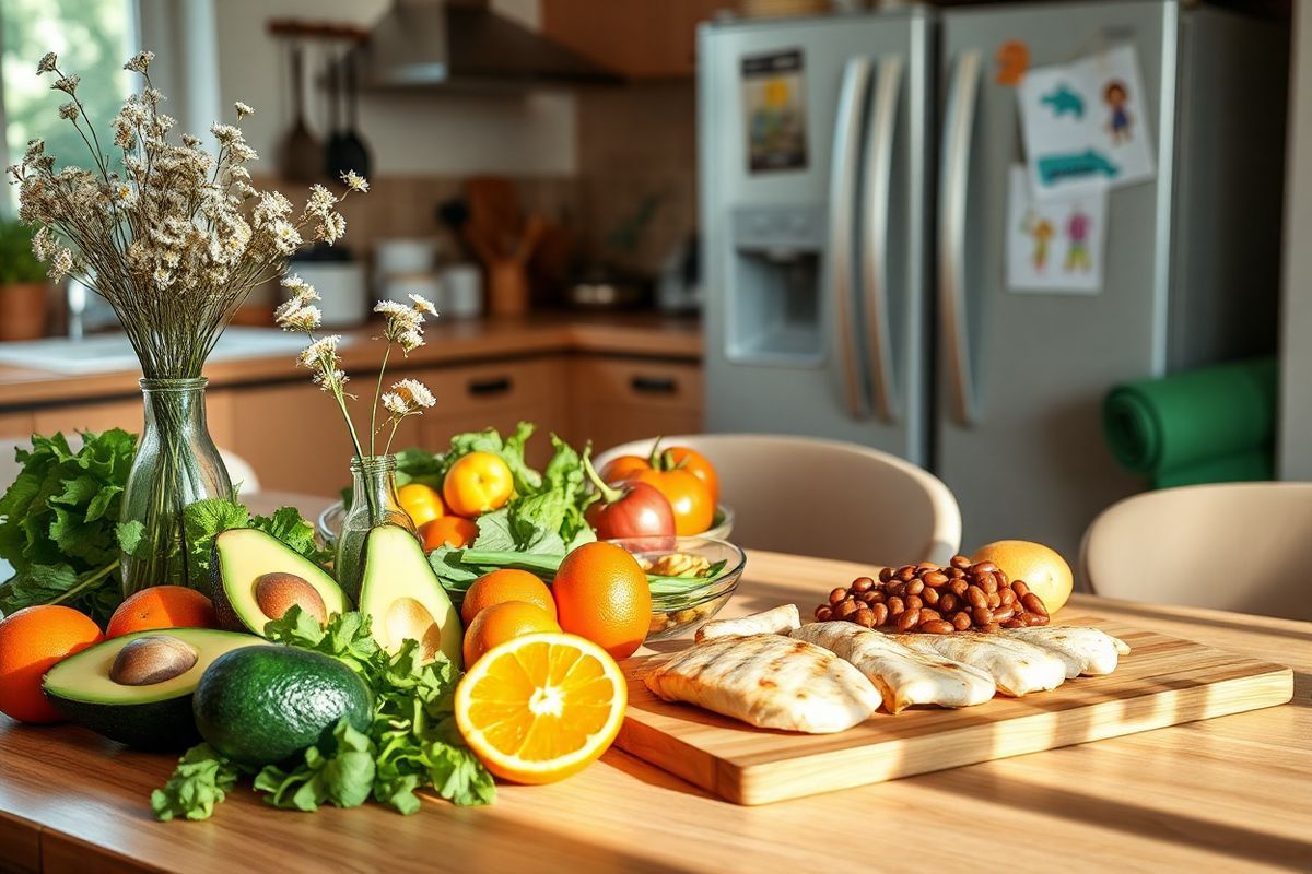 A beautifully arranged dining table is set against a warm, inviting kitchen backdrop, capturing the essence of family togetherness and healthy living. The table features a vibrant spread of fresh, colorful fruits and vegetables, including ripe avocados, bright oranges, and a variety of leafy greens, symbolizing essential nutrients for children with growth hormone deficiency. Lean cuts of grilled chicken and a bowl of hearty legumes are artfully placed alongside a rustic wooden cutting board, showcasing wholesome protein options. A delicate vase filled with wildflowers adds a touch of warmth and natural beauty to the scene. Soft, natural light filters through a window, casting gentle shadows that enhance the inviting atmosphere. In the background, subtle hints of a family’s cooking utensils and a glimpse of a playful child’s artwork on the fridge evoke a sense of home and nurturing. The overall composition conveys a message of health, balance, and the importance of nutrition in supporting child development, while also promoting an active lifestyle through the presence of a yoga mat peeking from a nearby corner.