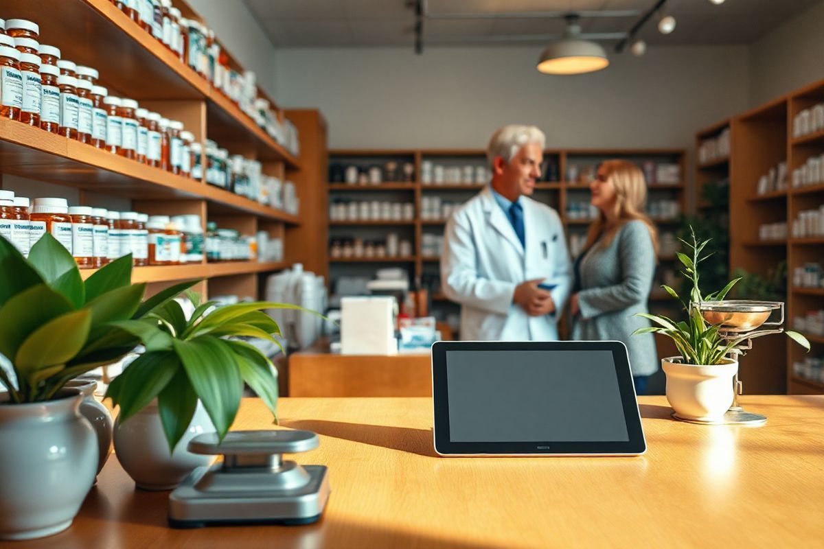 A photorealistic image of a serene, well-organized pharmacy interior with warm lighting. The scene features shelves lined with various prescription bottles, including clear containers of corticosteroids such as prednisone, displayed prominently. A wooden countertop showcases a sleek, modern tablet for electronic prescriptions, and a vintage scale sits nearby, emphasizing the blend of traditional and contemporary pharmacy practices. Soft green plants in ceramic pots add a touch of nature, promoting a calming atmosphere. In the background, a pharmacist, dressed in a crisp white lab coat, is assisting a patient, who looks relieved and engaged in conversation. The overall ambiance is inviting and professional, highlighting the importance of medication management and patient care, while subtly alluding to the potential side effects of medications like corticosteroids, particularly with a focus on gastrointestinal health. The colors are warm and soothing, with soft shadows that create depth and a realistic feel, making the viewer feel as though they are part of this reassuring environment.