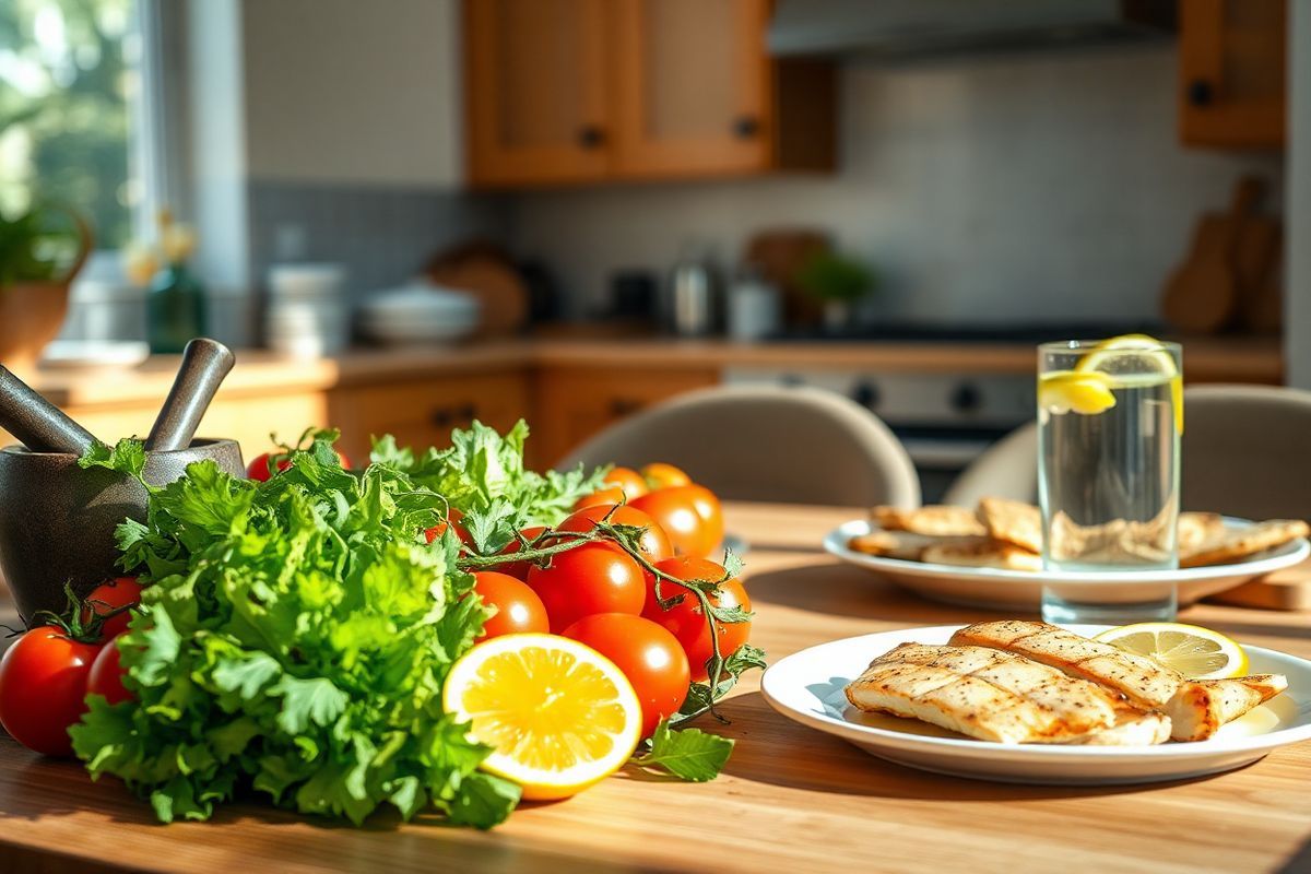 A photorealistic image captures a serene dining setting, elegantly arranged on a wooden table. In the foreground, a colorful array of fresh, vibrant ingredients is displayed, including ripe tomatoes, crisp lettuce, and sliced avocados, surrounded by a small bowl of olive oil and a sprinkle of herbs. Soft, natural light pours in through a nearby window, creating gentle shadows and highlighting the textures of the food. In the background, a cozy kitchen can be seen, with warm wooden cabinets and subtle hints of culinary tools, such as a mortar and pestle and a cutting board. The atmosphere conveys a sense of health and well-being, inviting viewers to consider the importance of dietary choices in managing heartburn symptoms. A glass of water with fresh lemon slices sits next to a plate of lightly seasoned grilled chicken, symbolizing balanced meals that promote digestive health. The overall composition radiates warmth and comfort, encouraging a mindful approach to eating while subtly emphasizing the connection between food and digestive wellness.