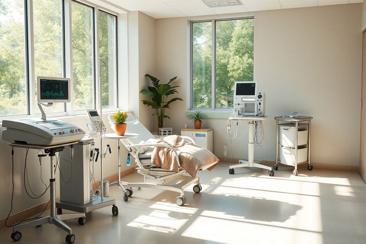 A serene, photorealistic image of a modern hemodialysis treatment room bathed in soft, natural light. The room features a comfortable reclined chair, with a cozy blanket draped over it, positioned next to a sleek dialysis machine displaying various monitors and tubes. A small, vibrant potted plant sits on a nearby table, adding a touch of green to the space. The walls are painted in calming pastel shades, contributing to a tranquil atmosphere. In the background, large windows reveal a view of a lush garden, with sunlight filtering through the leaves, casting gentle shadows on the floor. The scene conveys a sense of hope and healing, emphasizing the importance of comfort and care in the hemodialysis experience. A few medical supplies are neatly arranged on a nearby cart, showcasing the meticulous organization of the space, while soft, warm lighting enhances the feeling of safety and support.