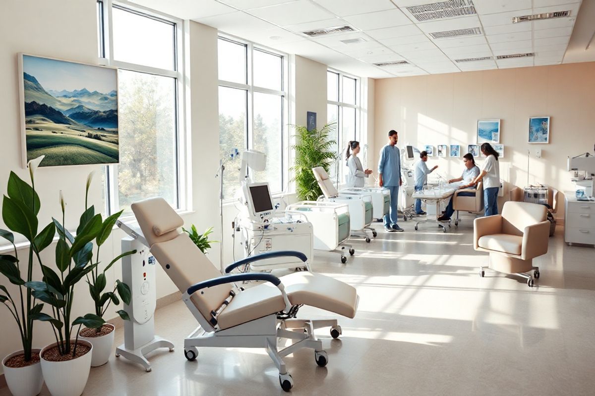 A photorealistic image depicting a serene dialysis center environment. The scene features a bright, spacious room with large windows allowing natural light to flood in, creating a warm and inviting atmosphere. In the foreground, a comfortable dialysis chair is positioned next to a modern hemodialysis machine, showcasing the advanced technology used in the procedure. Soft, neutral-colored walls are adorned with soothing artwork, such as landscapes and abstract designs, contributing to a calming ambiance. Potted plants, such as peace lilies and snake plants, add a touch of greenery to the space. In the background, healthcare professionals are seen gently attending to patients, exuding care and compassion. The room is equipped with several other dialysis stations, each featuring a chair and machine, while a small waiting area with plush seating and magazines is visible in one corner. Overall, the image conveys a sense of hope, professionalism, and support, emphasizing the essential role of hemodialysis in kidney disease management.