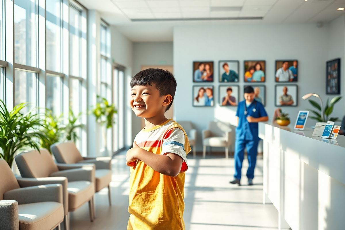 A photorealistic image depicting a serene and organized hemophilia treatment center. The scene includes a bright, welcoming reception area with soft, natural light streaming through large windows, illuminating a clean and modern space. In the foreground, a friendly healthcare professional is seen interacting with a young boy, both smiling, as they engage in a lighthearted conversation. The boy, wearing a colorful t-shirt, has a small bandage on his arm, symbolizing care and compassion.   In the background, there are comfortable seating areas with plush chairs, where families can wait, and colorful educational materials about hemophilia are displayed on a nearby table. A wall features framed photographs of diverse patients and healthcare teams, emphasizing community and support. The overall color palette is warm and inviting, with soft blues and greens, creating an atmosphere of hope and healing. Subtle details, such as a stethoscope hanging on a nearby wall and a small plant on the reception desk, complete the scene, reinforcing the concept of comprehensive care and a nurturing environment for those affected by hemophilia.