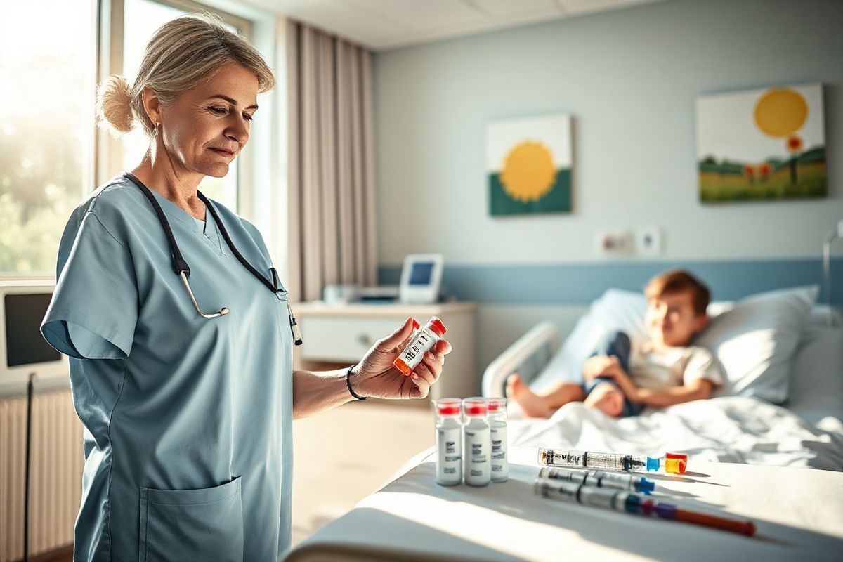 A detailed and photorealistic image of a serene clinical setting focused on hemophilia treatment. The scene features a well-lit hospital room with soft, natural light streaming through large windows, casting a warm glow. In the foreground, a caring healthcare provider, a middle-aged female nurse with a gentle expression, is preparing a clotting factor infusion. She is wearing a clean, light blue scrubs and is shown in the process of checking the IV line, showcasing her attentive demeanor.   On a bedside table, there are neatly arranged medical supplies, including vials of factor VIII, syringes, and a stethoscope, emphasizing the medical aspect of hemophilia care. In the background, a young boy with a cheerful smile is sitting on the hospital bed, holding a plush toy, reflecting resilience and hope despite his condition. The walls are painted in soft, calming colors, adorned with cheerful artwork of nature, creating a comforting atmosphere. This image encapsulates the essence of compassionate care, medical expertise, and the emotional journey of living with hemophilia, making it an ideal visual complement to the text.