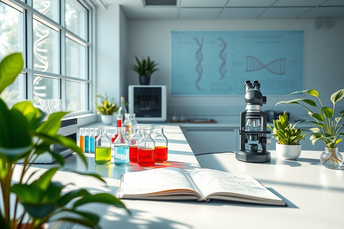 A photorealistic decorative image depicting a serene and tranquil laboratory setting dedicated to hematology and genetic research. The scene is bathed in soft, natural light filtering through large windows, illuminating a sleek, modern laboratory bench adorned with advanced scientific equipment. Flasks and test tubes filled with vibrant colored liquids are neatly arranged alongside high-tech genetic sequencing machines. In the background, a wall-mounted display showcases intricate diagrams of blood clotting pathways and genetic structures, subtly hinting at the complexity of hemophilia. An open notebook lies on the bench, filled with detailed notes and sketches of clotting factors, while a microscope stands ready for examination. Potted green plants add a touch of warmth and life to the sterile environment. The overall atmosphere conveys a sense of hope and innovation, symbolizing the ongoing research and advancements in understanding and treating hemophilia. The image captures the essence of scientific discovery, emphasizing the importance of genetic testing and personalized medicine in the quest for better health outcomes for individuals with bleeding disorders.