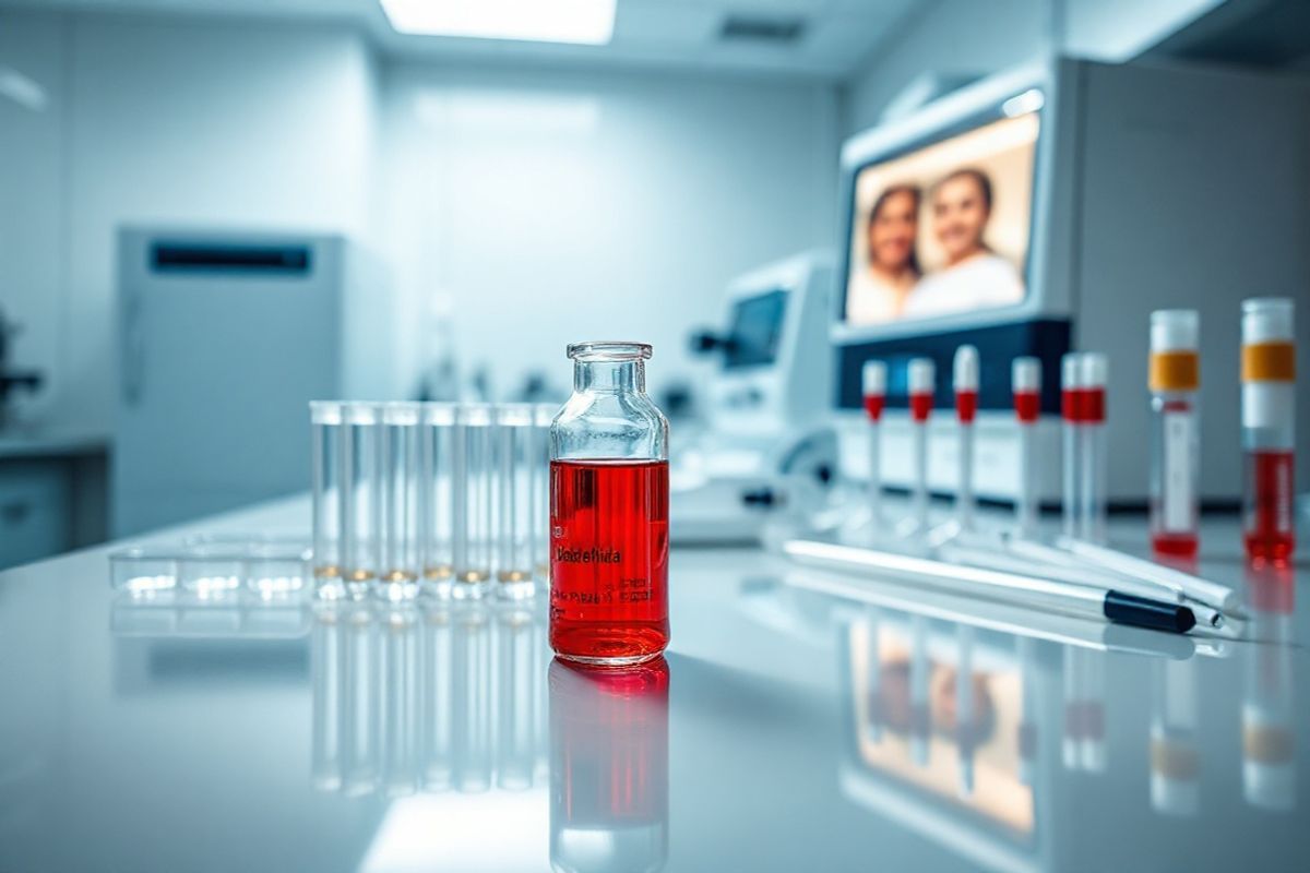 A photorealistic decorative image depicts a serene clinical laboratory setting, showcasing a polished, modern countertop filled with essential laboratory equipment. In the foreground, a glass vial containing a vibrant red liquid symbolizes blood, sitting next to a well-organized array of test tubes and pipettes. Soft, diffused lighting illuminates the scene, creating a calm and focused atmosphere. In the background, a high-tech centrifuge and an advanced blood analyzer hint at cutting-edge technology in hemophilia research and diagnosis. A faint reflection of a healthy, smiling family can be seen on the glossy surface, symbolizing hope and the importance of accurate diagnosis and treatment. The overall color palette features soft blues and whites, evoking a sense of cleanliness and professionalism, while the intricate details of the equipment emphasize the precision and care involved in hematology. This image serves as a reminder of the critical role that laboratory testing and technological advancements play in understanding and managing hemophilia effectively.