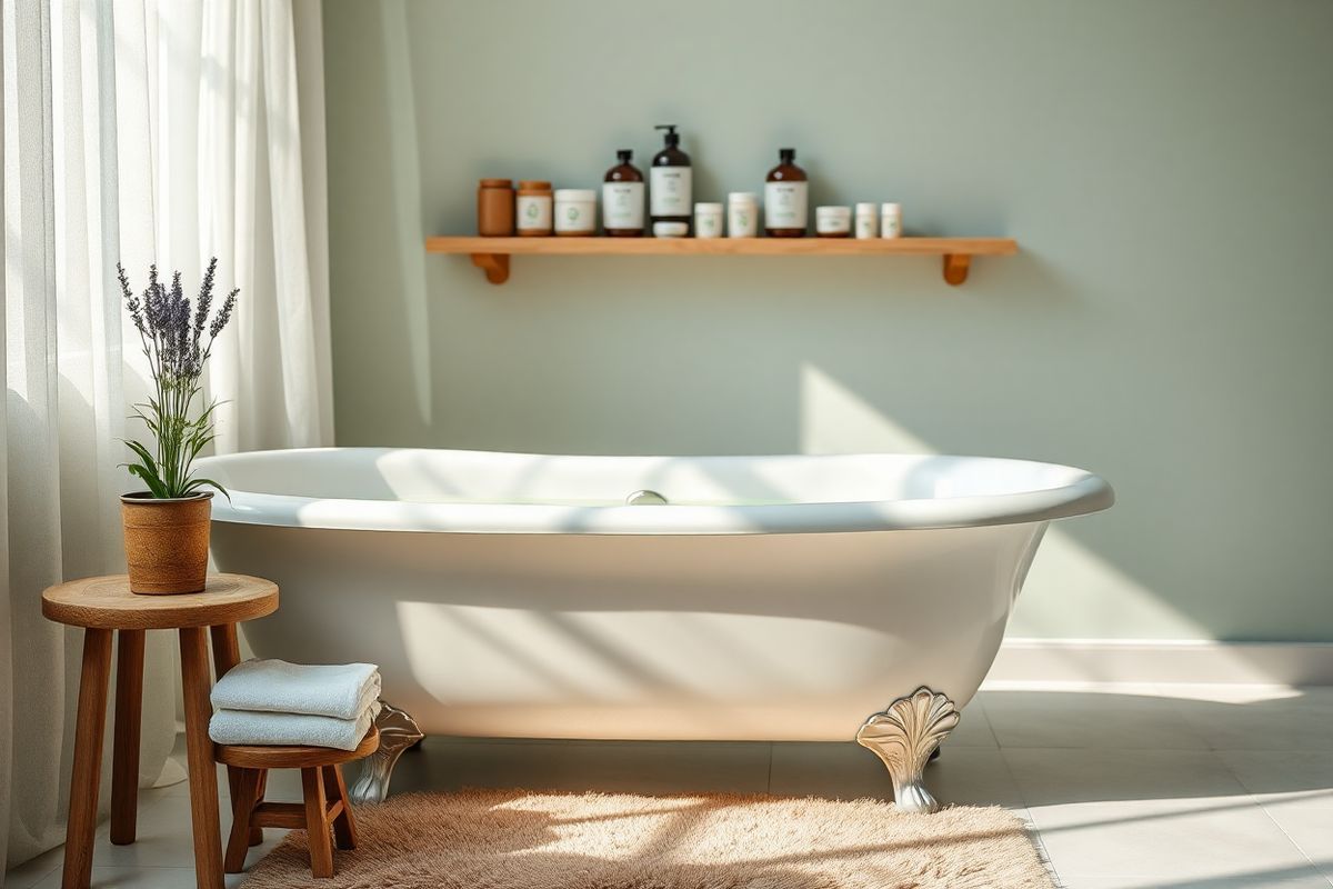 A photorealistic image of a serene, inviting bathroom scene featuring a vintage freestanding bathtub filled with warm, soothing water. Soft, natural light filters through sheer curtains, casting gentle shadows on the porcelain tub. Beside the bathtub, a small wooden stool holds neatly folded white towels and a delicate lavender plant in a rustic pot, adding a touch of nature. The backdrop includes a shelf lined with various organic skincare products like creams and oils, hinting at self-care and relaxation. A plush bath mat in calming earth tones lies beneath the tub, enhancing the cozy atmosphere. The overall color palette is soft and soothing, with pastel hues of greens and blues, evoking a sense of tranquility and comfort — an ideal setting for someone seeking relief from the discomfort of hemorrhoids. The composition conveys a peaceful ambiance that encourages viewers to envision a moment of relaxation and healing.