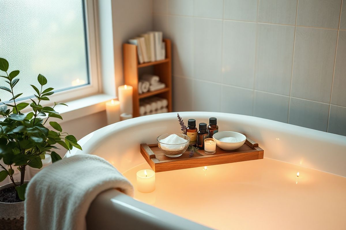 A photorealistic decorative image depicting a serene bathroom setting that emphasizes relaxation and health. The scene features a luxurious bathtub filled with warm water, surrounded by soft, flickering candles that cast a warm glow. On the side of the tub, a small wooden tray holds an assortment of natural remedies, such as a bowl of Epsom salts, essential oils, and a few fresh herbs like chamomile and lavender. A plush towel is neatly folded nearby, and a potted plant with lush green leaves adds a touch of nature to the ambiance. Soft light filters through a frosted window, creating a peaceful atmosphere. In the background, a small bookshelf displays health-related books, hinting at wellness and self-care. The overall color palette is soothing, with soft whites, gentle greens, and warm beige tones, inviting viewers to imagine a moment of tranquility and relief from discomfort. This image encapsulates the theme of managing health and well-being, making it a fitting visual complement to the discussion of hemorrhoids and self-care practices.