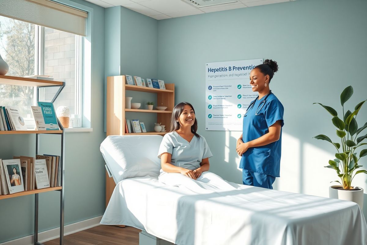 A photorealistic decorative image depicting a serene healthcare environment, showcasing a modern clinic room. The room is softly lit with natural light filtering through large windows, illuminating a clean, organized space with a comfortable examination table draped in crisp white linens. On the walls, calming colors like soft blue and green create a tranquil atmosphere. A shelf filled with medical books and informational pamphlets about hepatitis B is neatly arranged in one corner. In another corner, a potted plant adds a touch of nature, symbolizing health and growth. A professional healthcare worker, dressed in scrubs, is smiling and gently engaging with a patient, who appears calm and receptive. The background features a poster detailing hepatitis B prevention and vaccination, but the focus remains on the warm interaction between the healthcare worker and patient, highlighting the importance of education and prevention in combating hepatitis B. The overall composition conveys a sense of hope, care, and community health awareness, making it an ideal visual representation of the fight against hepatitis B.