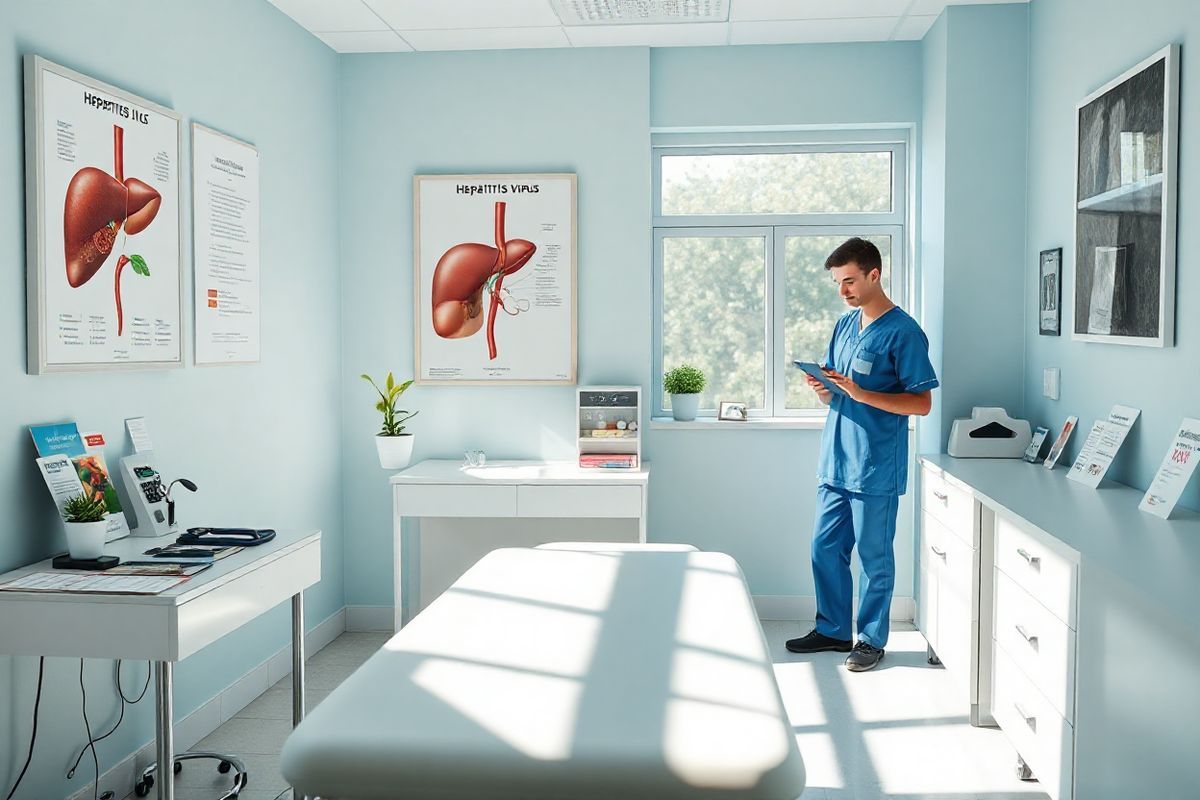 A photorealistic decorative image showcasing a serene, well-lit medical examination room, emphasizing cleanliness and professionalism. The room features a soft color palette of light blues and whites, with a comfortable examination table positioned in the center. On the walls, there are framed anatomical charts of the liver and the hepatitis B virus, illustrating their structure and function. A well-organized desk sits in one corner, adorned with medical tools like a stethoscope, otoscope, and various pamphlets about hepatitis B awareness. Natural light streams in through a large window, illuminating a small potted plant on the windowsill, symbolizing growth and health. The background reveals a subtle glimpse of a healthcare worker in scrubs, attentively reviewing patient information on a digital tablet. This image conveys a sense of hope, education, and the importance of preventative healthcare, aligning perfectly with the theme of understanding and managing hepatitis B.