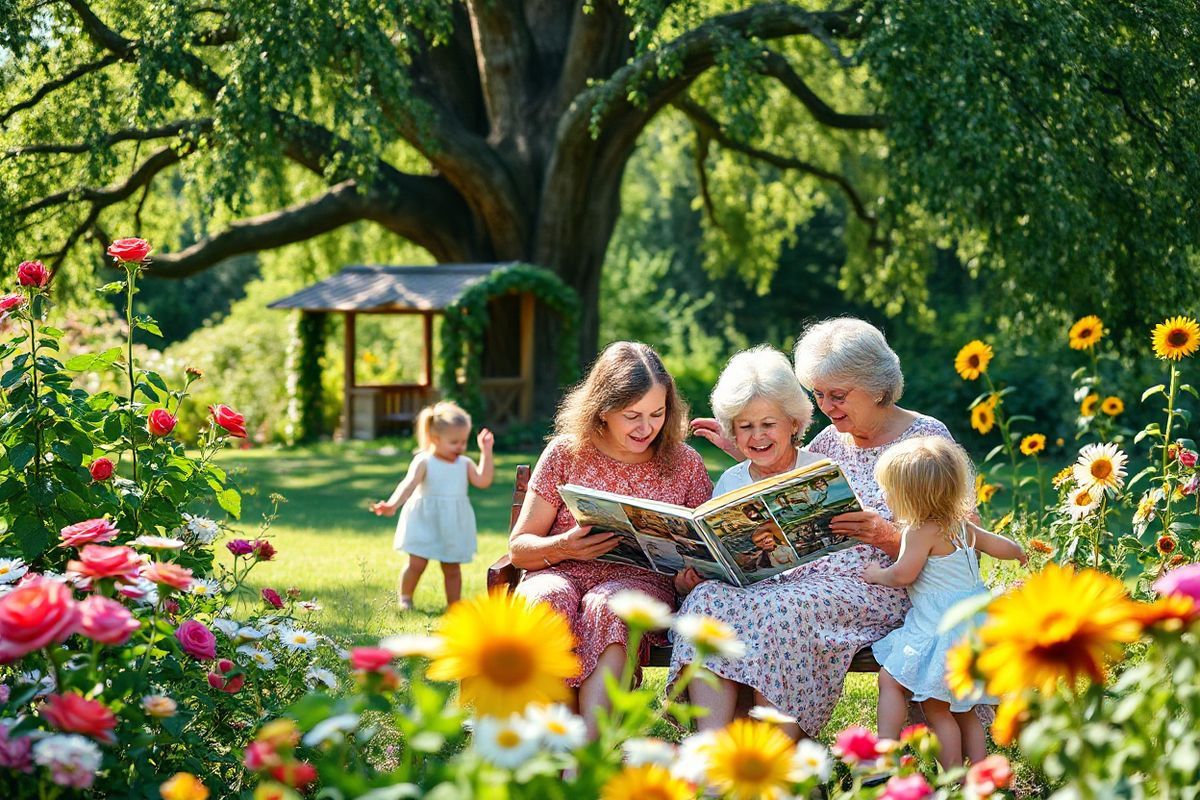 A serene and photorealistic image of a peaceful family gathering in a sunlit garden, surrounded by lush greenery and blooming flowers. In the foreground, a grandmother and her daughter are seated on a wooden bench, sharing a heartfelt moment as they look through an old family photo album, filled with cherished memories. Nearby, children play joyfully, their laughter echoing through the air. The garden is adorned with vibrant roses, delicate daisies, and towering sunflowers, creating a colorful backdrop. Soft sunlight filters through the leaves of a large oak tree, casting gentle shadows on the ground. In the background, a small wooden gazebo draped with climbing vines adds a touch of charm. The atmosphere is warm and inviting, symbolizing family connections and the importance of shared history. This image conveys a sense of love, continuity, and the significance of family heritage, perfectly complementing the theme of hereditary links to breast cancer risk.