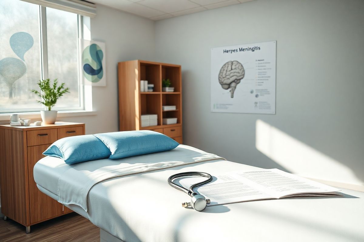 A photorealistic image showcasing a serene and inviting medical environment, featuring a well-lit examination room with soft, neutral tones to create a calming atmosphere. In the foreground, a sleek, modern examination table is adorned with crisp white linens, and a plush blue pillow. To the side, a wooden cabinet displays neatly organized medical supplies and a small potted plant, adding a touch of nature. The walls are decorated with soothing artwork depicting abstract shapes in soft blues and greens, promoting tranquility. A large window allows natural light to stream in, illuminating the room and casting gentle shadows. On the table, a stethoscope lies next to an open medical chart, symbolizing the importance of health and diagnosis. In the background, a poster on the wall subtly illustrates the brain and the meninges, enhancing the educational aspect without being overwhelming. The overall composition exudes professionalism and warmth, inviting viewers to feel a sense of safety and reassurance in a healthcare setting where conditions like herpes meningitis are diagnosed and treated.