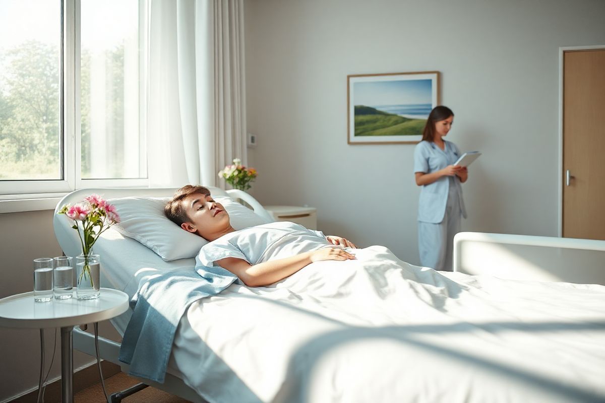 A photorealistic image features a serene hospital room bathed in soft, natural light streaming through a large window. The focus is on a neatly made hospital bed, with crisp white linens and a subtle blue blanket draped over the edge. A patient lies comfortably, appearing calm and relaxed, with a gentle expression on their face, symbolizing recovery. Beside the bed, a small bedside table holds a glass of water and a vase with fresh flowers, adding a touch of warmth and vibrancy to the scene. On the wall, a framed image of a peaceful landscape, possibly a tranquil beach or a lush green forest, provides a calming backdrop. In the corner, a nurse checks a medical chart, displaying professionalism and care. The overall atmosphere of the room conveys hope and healing, emphasizing the importance of supportive care in the recovery process from herpes meningitis. Soft pastel colors enhance the soothing environment, while the natural light creates a sense of openness and positivity, fostering a feeling of safety and comfort for the patient.