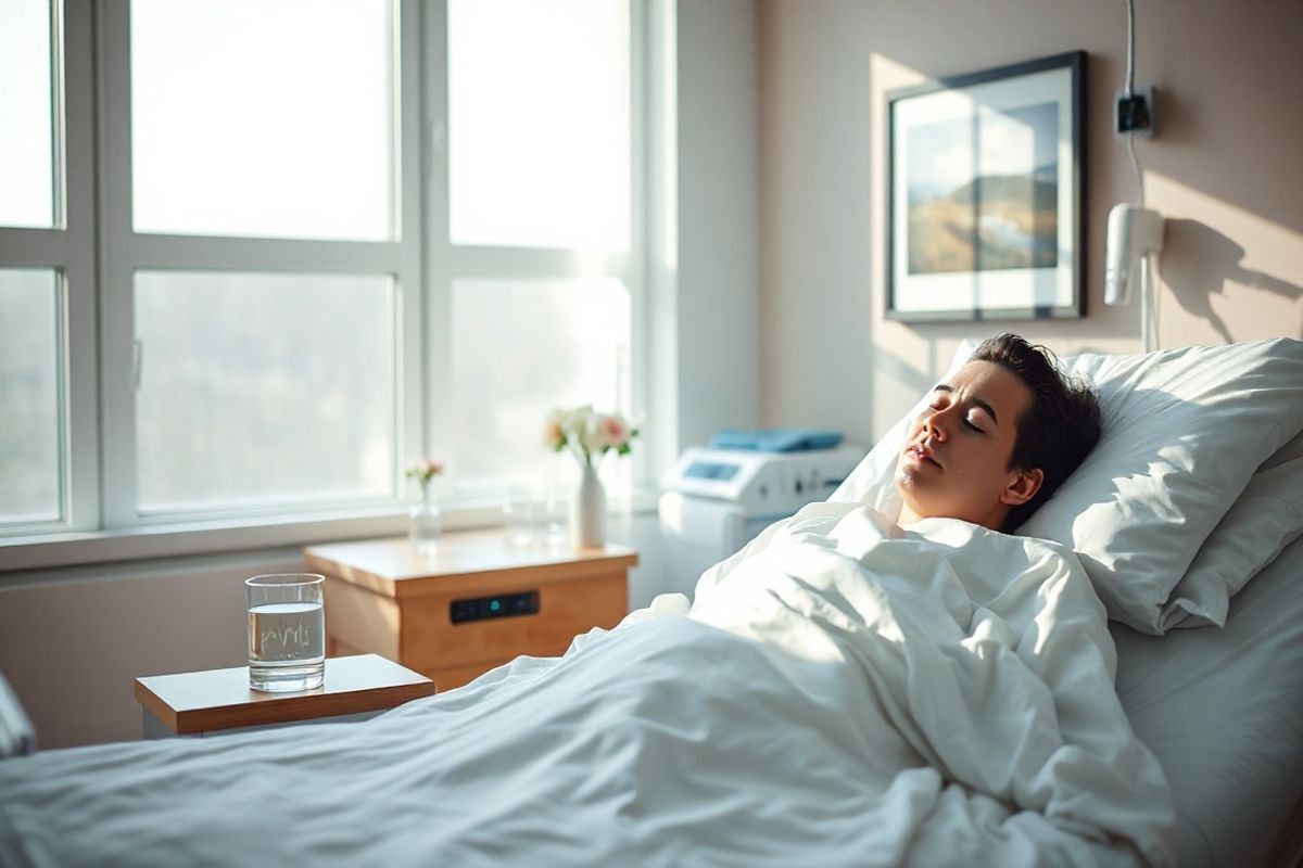 A serene, photorealistic image of a tranquil hospital room, softly illuminated by natural light streaming through large windows, creates a calming atmosphere. The focus is on a neatly made hospital bed with crisp white linens, where a patient rests peacefully, their face reflecting a sense of relief. Beside the bed, a small wooden nightstand holds a clear glass of water and a delicate vase of fresh flowers, adding a touch of warmth and life to the sterile environment. In the background, medical equipment is subtly visible, including a heart rate monitor displaying gentle beeping in the soft light. The walls are painted in soothing pastel colors, enhancing the sense of comfort and care. A framed photograph of a serene landscape hangs on the wall, evoking feelings of hope and recovery. The overall composition captures the essence of healing and support, reflecting the gravity of a medical condition while simultaneously conveying a sense of calm and reassurance, making it a perfect visual representation of the seriousness and the potential for recovery from herpes meningitis.