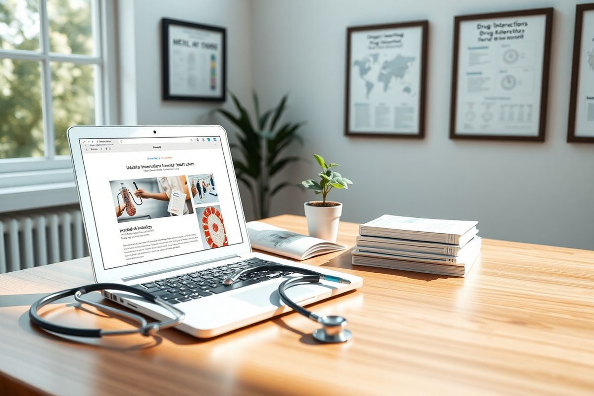 A photorealistic image depicting a serene and well-organized medical workspace. The scene features a polished wooden desk with a white laptop open, displaying a healthcare-related webpage. Beside the laptop, a neatly arranged set of medical journals and textbooks, their covers showcasing titles related to immunology and drug interactions. A stethoscope lies casually draped over one side of the desk, hinting at the clinical nature of the environment. In the background, a large window allows natural light to flood the room, illuminating a small potted plant, symbolizing growth and health. The walls are adorned with framed images of anatomical diagrams and charts that emphasize the importance of understanding drug interactions and patient safety. Soft, neutral tones dominate the color palette, creating a calming atmosphere conducive to patient education and healthcare discussions. The overall composition conveys a sense of professionalism and care, inviting viewers to engage with the critical topic of medication management and the importance of communication in healthcare.