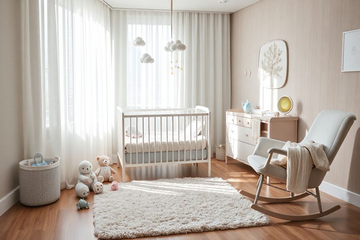 A serene nursery scene filled with soft, natural light streaming through sheer curtains. In the center, a cozy crib with delicate, pastel-colored bedding creates a warm and inviting atmosphere. Surrounding the crib, plush toys in gentle hues of blue and pink are scattered, adding a playful touch. On the wall, a charming mobile featuring whimsical clouds and stars gently sways, evoking a sense of wonder. A plush, fluffy rug in muted tones covers the hardwood floor, offering a soft place for little feet to explore. Nearby, a small changing table is adorned with neatly arranged baby essentials: soft diapers, soothing lotions, and a whimsical nightlight shaped like a moon. To the side, a comfortable rocking chair invites quiet moments of bonding, with a cozy blanket draped over the armrest. The overall ambiance is tranquil and nurturing, emphasizing the importance of care and vigilance in a baby’s early life, reflecting the themes of monitoring and follow-up care in the context of infant health.