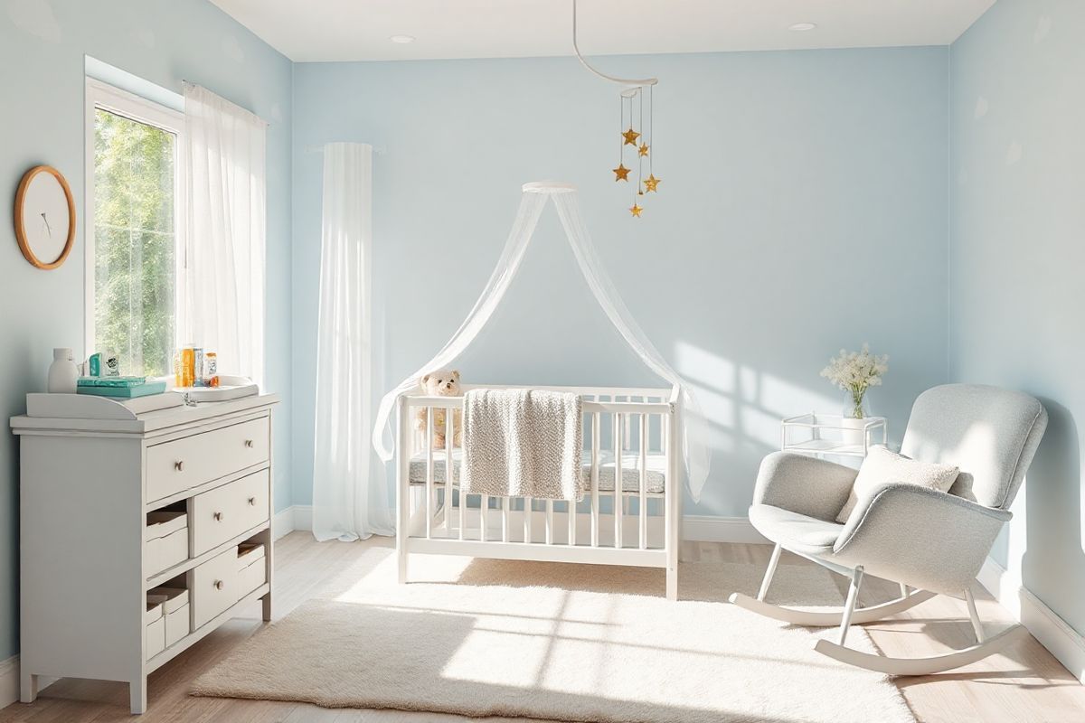 A serene and photorealistic image of a cozy nursery room designed for a newborn. The room features soft pastel colors, with light blue walls adorned with subtle cloud patterns. A comfortable white crib sits in the center, draped with a delicate, sheer canopy that casts gentle shadows. On the crib’s edge, a plush, fluffy teddy bear and a soft, knitted blanket add warmth. Nearby, a changing table is neatly organized with baby essentials, including colorful diapers, wipes, and soft toys. A large window allows natural light to flood the room, with sheer curtains softly billowing in the breeze, showcasing a view of a lush green garden outside. A cozy rocking chair, upholstered in light gray fabric, is positioned in the corner, inviting soothing moments with the baby. Above the crib, a whimsical mobile featuring stars and moons gently rotates, adding a touch of enchantment. The floor is covered with a soft, cream-colored rug that enhances the room’s warmth and comfort, making it a perfect haven for a newborn. Overall, the image exudes tranquility, love, and a nurturing atmosphere, complementing the theme of newborn care and health.