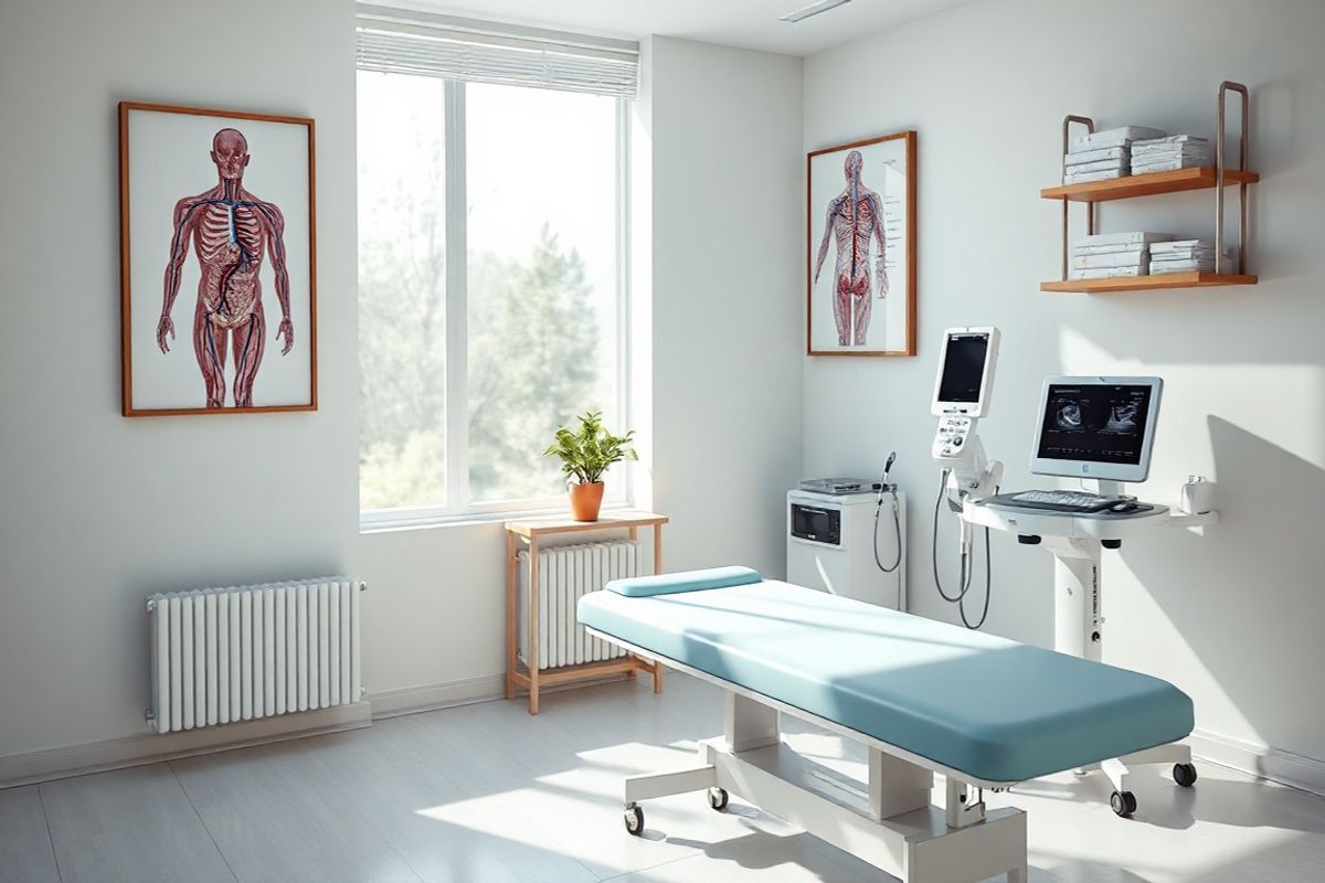 A photorealistic decorative image depicting a serene medical environment can complement the topic of hypercoagulation. The scene features a well-lit, modern examination room with soft, calming colors. In the foreground, a sleek examination table with a light blue cover is positioned beside a large window that lets in natural sunlight, casting gentle shadows on the floor. On the walls, framed anatomical posters illustrate the human circulatory system, highlighting veins and arteries in rich detail.   A wooden shelf holds medical textbooks, a stethoscope, and a small potted plant, adding a touch of greenery. In the background, a state-of-the-art ultrasound machine is ready for use, with its screen softly glowing. The atmosphere is tranquil, promoting a sense of safety and professionalism, ideal for discussing health concerns like hypercoagulation. The entire composition is balanced and inviting, creating a space that encourages patients to feel at ease while learning about their health issues. The image captures the essence of medical care and education, making it a fitting visual representation of the importance of recognizing and addressing blood clot symptoms.