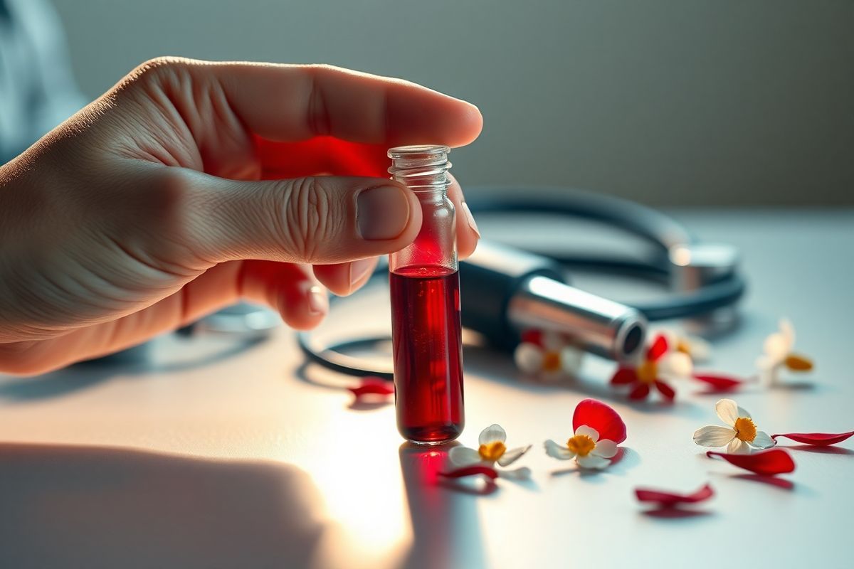 A close-up photorealistic image of a human hand gently holding a small glass vial filled with a deep crimson liquid, symbolizing blood. The vial is situated on a smooth, reflective surface that captures delicate highlights and shadows, enhancing its glassy texture. In the background, softly blurred medical instruments—such as a stethoscope, syringe, and a blood pressure cuff—are subtly illuminated, suggesting a clinical environment. The lighting is warm and inviting, casting a gentle glow on the vial, emphasizing its importance. Surrounding the vial are small, delicate petals of white and red flowers that symbolize health and life, adding a touch of nature to the clinical setting. The overall composition conveys a sense of urgency and care, reflecting the importance of understanding hypercoagulation in the context of health and medicine. The image captures both the fragility of life and the intricate balance of bodily functions, inviting viewers to contemplate the complexities of blood health without the need for any textual elements.