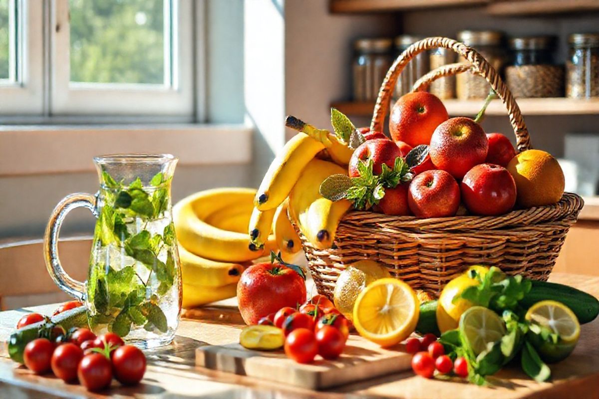 A photorealistic image of a sunlit kitchen table adorned with a colorful array of fresh fruits and vegetables. The focal point is a woven basket overflowing with ripe bananas, vibrant red apples, and juicy oranges, showcasing their natural sheen. Nearby, a cutting board features a sliced cucumber and a handful of cherry tomatoes, emphasizing healthy dietary choices. A glass pitcher filled with refreshing water infused with mint leaves and lemon slices sits beside the basket, capturing the essence of hydration. Sunlight filters through a nearby window, casting soft shadows and highlighting the textures of the food, creating a warm and inviting atmosphere. The background displays a neatly arranged shelf with jars of whole grains and nuts, symbolizing balanced nutrition. This image evokes a sense of wellness and the importance of mindful eating, making it an ideal complement to discussions about managing blood sugar levels through dietary choices.