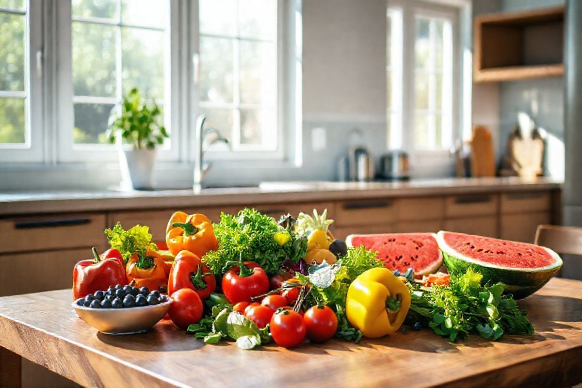 A photorealistic image of a serene kitchen setting bathed in natural light. The focal point is a wooden dining table adorned with a vibrant assortment of fresh fruits and vegetables, symbolizing a balanced diet. Brightly colored bell peppers, ripe tomatoes, and leafy greens are artfully arranged alongside a bowl of plump blueberries and a sliced watermelon, showcasing a variety of healthy options. In the background, a sleek countertop holds a well-organized collection of kitchen tools, including a cutting board and a set of measuring cups, emphasizing the importance of careful meal preparation. Large windows allow sunlight to filter in, casting gentle shadows and creating a warm, inviting atmosphere. A potted herb plant, such as basil or rosemary, sits on the windowsill, reinforcing the theme of fresh ingredients. The overall ambiance conveys a sense of health and well-being, reflecting the commitment to a nutritious lifestyle that can help manage blood sugar levels effectively. The image captures the essence of a supportive environment for those navigating dietary choices in the context of diabetes management.