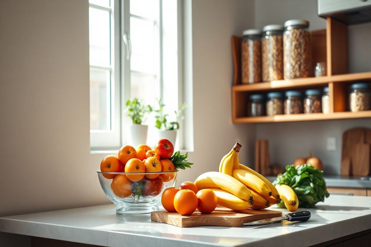 A photorealistic image captures a serene kitchen scene bathed in soft, natural light filtering through a window. The countertop is adorned with an array of fresh, colorful fruits and vegetables, symbolizing health and balance. In the foreground, a beautifully arranged bowl of assorted fruits, including ripe oranges, apples, and bananas, reflects vibrant colors that evoke a sense of vitality. Beside it, a cutting board with a knife rests, hinting at the preparation of a wholesome meal.   In the background, a wooden shelf displays neatly organized jars filled with grains and legumes, emphasizing the importance of nutritious food choices. The walls are painted in calming, muted tones, creating a peaceful ambiance that contrasts with the chaos often associated with disordered eating. A small potted plant on the window sill adds a touch of greenery and life to the scene, symbolizing growth and healing. The overall composition evokes a feeling of tranquility and encourages a healthy relationship with food, inviting viewers to embrace mindful eating and self-care.