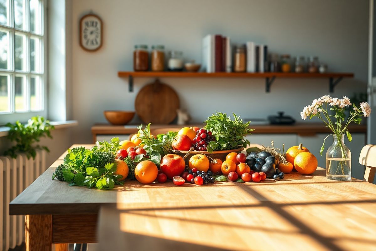 A photorealistic image depicting a serene, softly lit kitchen with a wooden dining table at its center. On the table, a variety of colorful, fresh foods are artfully arranged, including vibrant fruits like apples, oranges, and berries, alongside leafy greens and vegetables. The sunlight filters through a nearby window, casting gentle shadows and creating a warm atmosphere. In the background, a shelf displays cookbooks and jars filled with spices, emphasizing the theme of healthy cooking and nourishment. A delicate vase with fresh flowers sits at one end of the table, adding a touch of beauty and calmness. The overall composition conveys a sense of balance and harmony, inviting viewers to appreciate the joy of healthy eating and the importance of a nurturing environment. The scene evokes feelings of peace and mindfulness, suggesting a positive relationship with food and a celebration of wellness.