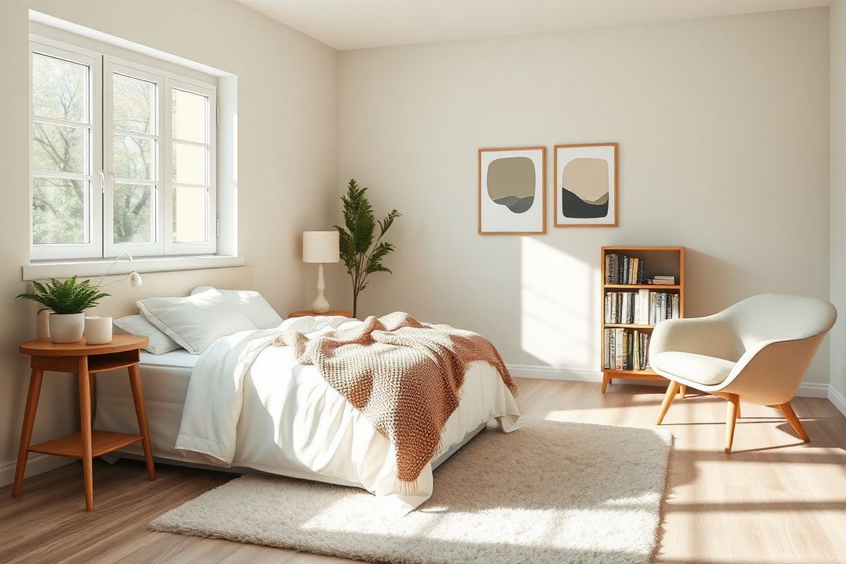 A serene and calming scene depicting a softly lit bedroom designed for relaxation and wellness. The room features a cozy, neatly made bed with fluffy white linens and a textured throw blanket draped across the foot. Beside the bed, a small wooden nightstand holds a lit candle and a potted plant, adding a touch of greenery. The walls are painted in soothing pastel colors, creating a tranquil atmosphere. A large window allows gentle sunlight to stream in, illuminating the space and casting soft shadows. On the floor, a plush area rug invites comfort, while framed abstract art pieces adorn the walls, enhancing the aesthetic without being overpowering. Nearby, a comfortable armchair is positioned, accompanied by a small bookshelf filled with wellness literature. Overall, the image conveys a sense of harmony and peace, ideal for promoting a lifestyle focused on managing stress and improving quality of life in individuals affected by Idiopathic Generalized Epilepsy.