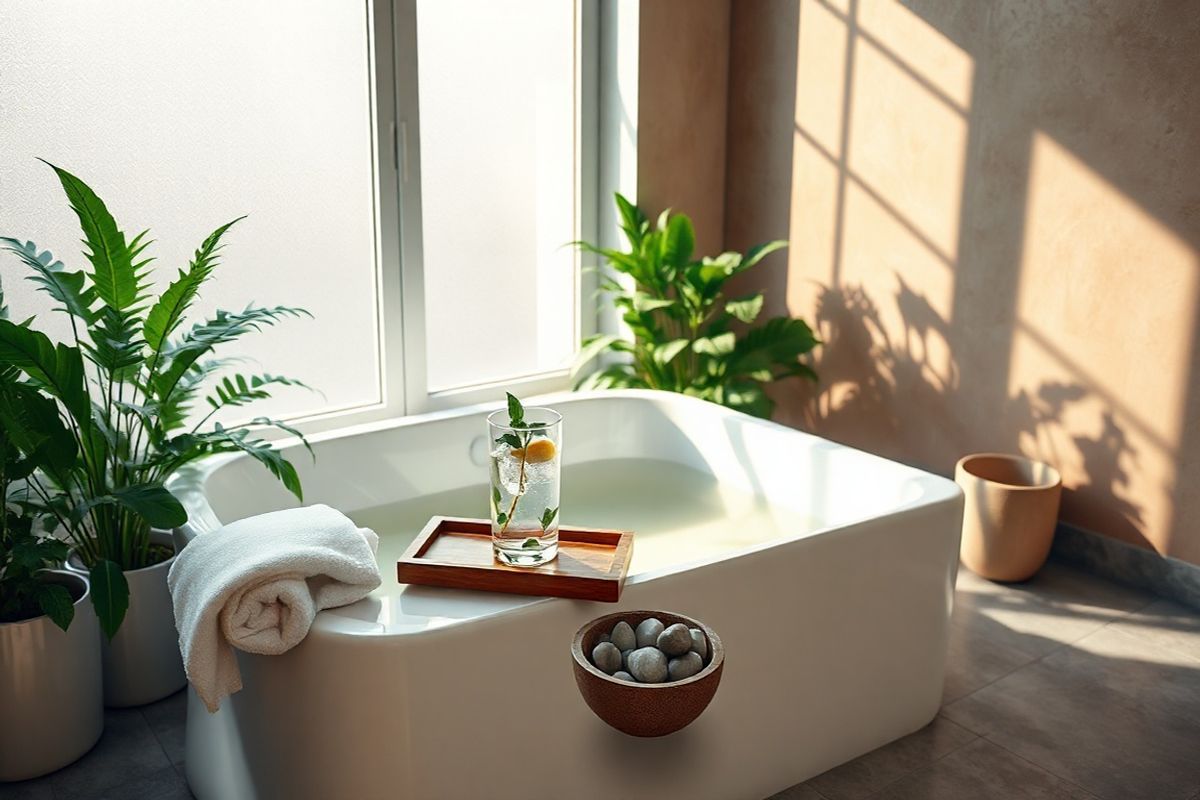 A photorealistic image of a serene, modern bathroom setting, showcasing a sleek white freestanding bathtub filled with warm, clear water. The tub is surrounded by lush green plants, such as ferns and peace lilies, adding a touch of nature and tranquility. Soft, warm light filters through frosted glass windows, casting gentle shadows and creating a calming atmosphere. On the edge of the tub, a small wooden tray holds an elegant glass of water infused with lemon slices and a few sprigs of mint, symbolizing hydration and wellness. Nearby, a fluffy white towel is neatly folded, while a small decorative stone bowl contains smooth pebbles, reinforcing a sense of peace and balance. The walls are adorned with subtle, earthy tones, and the floor features large, polished stone tiles that reflect the natural light. This image captures the essence of self-care and the importance of maintaining kidney health through a relaxing lifestyle, making it an ideal visual companion to the discussion of IgA nephropathy and the significance of regular health monitoring.