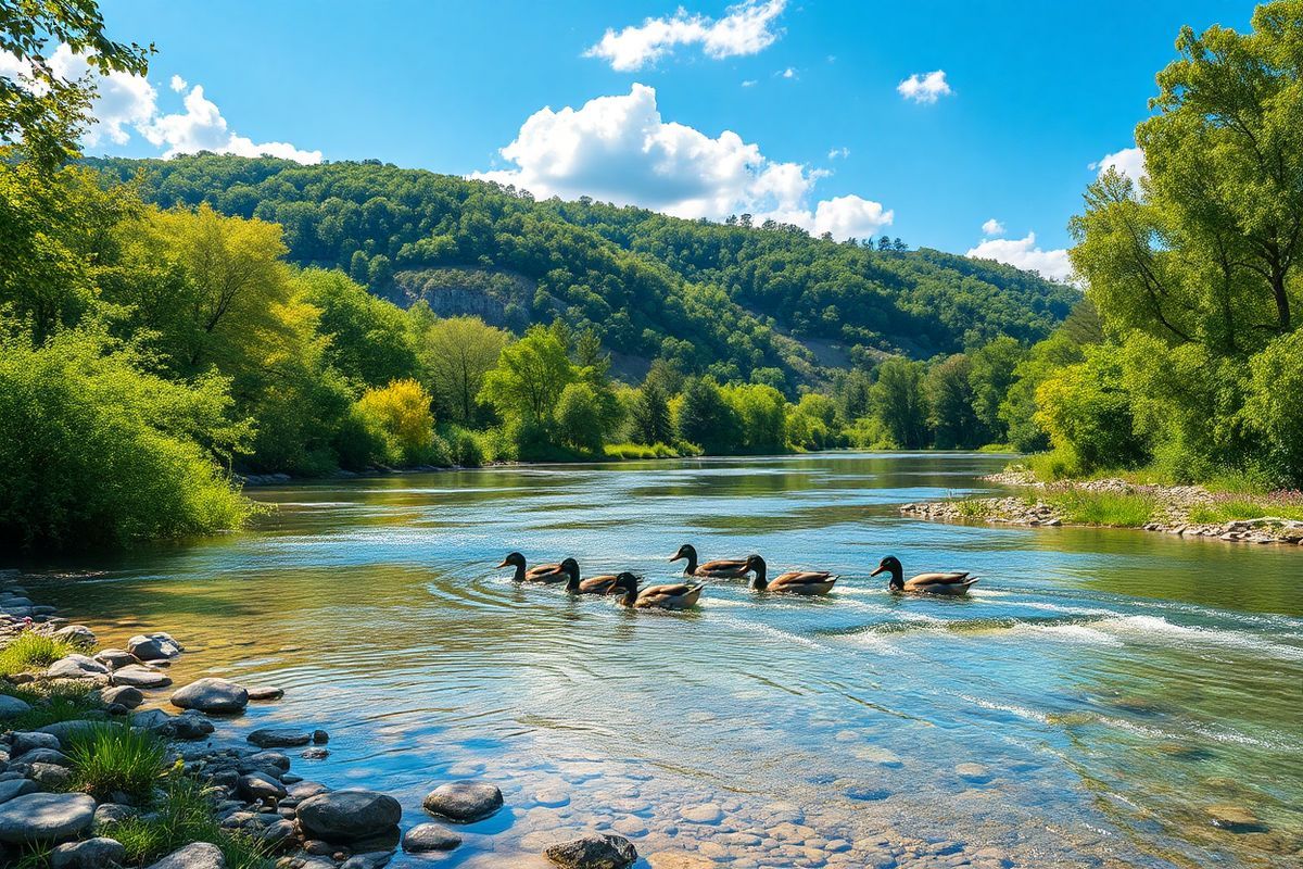 A serene and photorealistic image of a tranquil landscape showcasing a flowing river surrounded by lush greenery. In the foreground, the crystal-clear water reflects the vibrant colors of the surrounding trees, with sunlight filtering through the leaves, creating dappled patterns on the water’s surface. The riverbanks are adorned with smooth pebbles and patches of wildflowers, adding splashes of color to the scene. In the background, gentle hills rise, covered with a mix of deciduous and evergreen trees, their foliage displaying various shades of green. The sky above is a brilliant blue, dotted with fluffy white clouds, enhancing the peaceful atmosphere. A family of ducks glides gracefully across the water, symbolizing harmony and the flow of life. This idyllic setting conveys a sense of calm and wellness, evoking the importance of nature in promoting health and vitality, making it an ideal complement to the themes of kidney health and disease management discussed in the article.