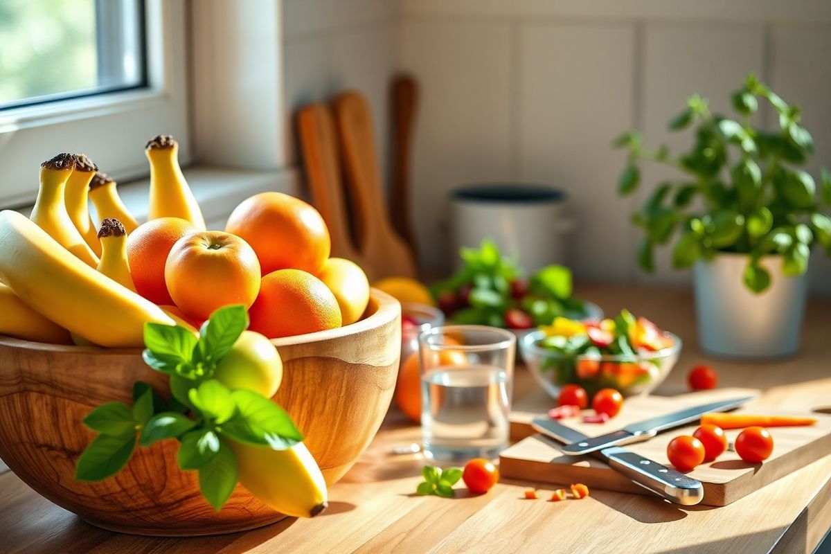 A photorealistic image of a serene kitchen countertop scene, showcasing a fresh, inviting arrangement of vibrant fruits and vegetables. In the foreground, a wooden bowl overflows with ripe bananas, plump apples, and juicy oranges, their bright colors contrasting beautifully against the warm wood tones. Nearby, a clear glass of water sits next to a small dish filled with colorful salad greens, hinting at a healthy meal. A rustic cutting board features a knife and scattered ingredients, such as chopped carrots and cherry tomatoes. Soft, natural light filters through a nearby window, casting gentle shadows and enhancing the freshness of the produce. In the background, a potted herb plant, such as basil or parsley, adds a touch of green and vitality, symbolizing natural remedies and healthy choices. The overall composition evokes a sense of wellness, balance, and the importance of dietary adjustments for managing health, making it a perfect visual representation to accompany information about managing side effects of medications like Imodium.