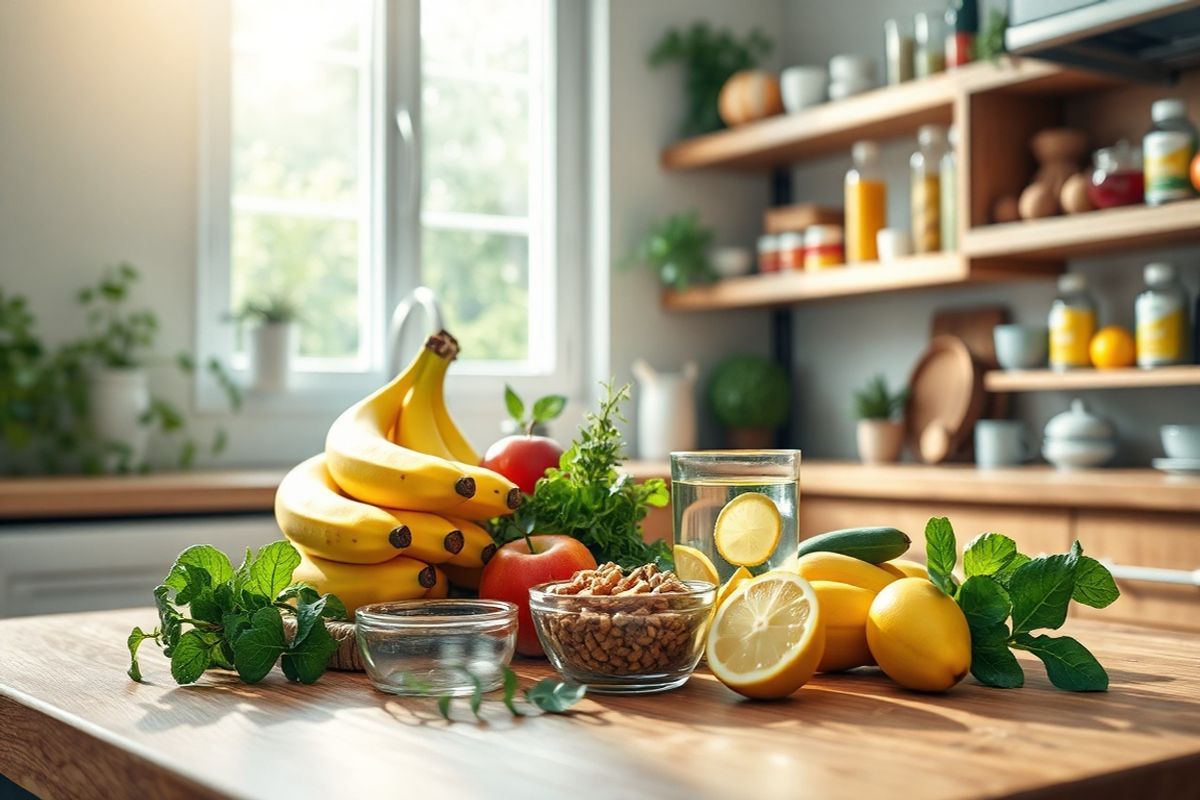 A photorealistic image depicting a serene kitchen scene with a wooden countertop adorned with various natural remedies for digestive health. In the foreground, a vibrant assortment of fresh fruits and vegetables, such as ripe bananas, juicy apples, and leafy greens, is artistically arranged next to a small bowl of probiotics. A glass of clear water with a slice of lemon sits nearby, reflecting the soft sunlight streaming in through a window, creating a warm and inviting atmosphere. In the background, shelves lined with herbal teas and natural supplements add a cozy touch, while a subtle hint of a serene garden visible through the window enhances the sense of tranquility. The overall color palette features soft greens, yellows, and earthy tones, evoking a sense of health and well-being, perfectly complementing the theme of managing digestive health and the responsible use of medications like Imodium.