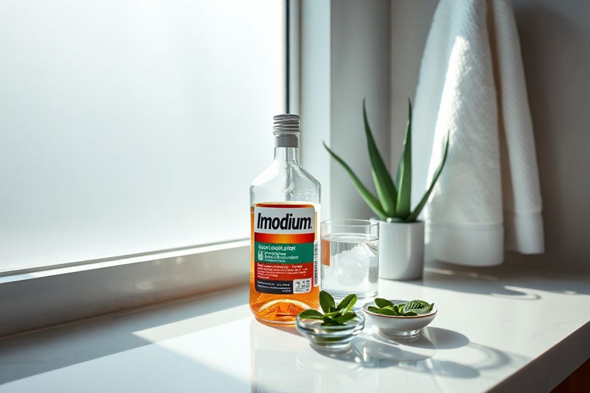 A photorealistic image depicting a serene bathroom setting, featuring a neatly arranged countertop with a bottle of Imodium prominently displayed. The bottle is clear and labeled with its recognizable colors, surrounded by soft, natural light streaming through a frosted window, creating a calming atmosphere. Next to the bottle, there is a glass of clear water, symbolizing hydration, and a small dish containing fresh mint leaves, evoking a sense of freshness. In the background, a plush white towel hangs gracefully, and a potted aloe vera plant adds a touch of greenery, emphasizing a health-conscious environment. The entire scene is elegantly minimalistic, with a subtle hint of luxury, inviting the viewer to focus on the importance of health and wellness. The composition suggests a moment of reflection, encouraging the viewer to consider their choices regarding health, particularly the interaction of medication, alcohol, and overall well-being, without conveying any direct messages or text.