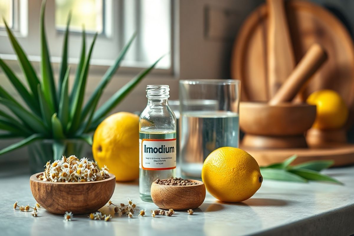 A photorealistic image captures a serene and inviting kitchen countertop adorned with a variety of medicinal herbs and natural remedies. In the foreground, a small wooden bowl holds dried chamomile flowers, symbolizing soothing properties. Beside it, a glass vial labeled “Imodium” sits next to a fresh lemon, known for its health benefits. A delicate glass of water glistens in the soft, warm light filtering through a nearby window, suggesting hydration’s importance in recovery. The background features a lush green plant, possibly aloe vera, highlighting natural healing. Subtle hints of a rustic wooden cutting board and a mortar and pestle add an earthy charm, evoking a sense of traditional medicine. The overall atmosphere is calm and uplifting, with gentle shadows and natural textures that emphasize the connection between nature and health, creating a harmonious setting for discussing digestive wellness and remedies. This image resonates with the themes of balance, healing, and the importance of hydration in treating ailments like diarrhea, perfectly complementing the context of Imodium’s usage.