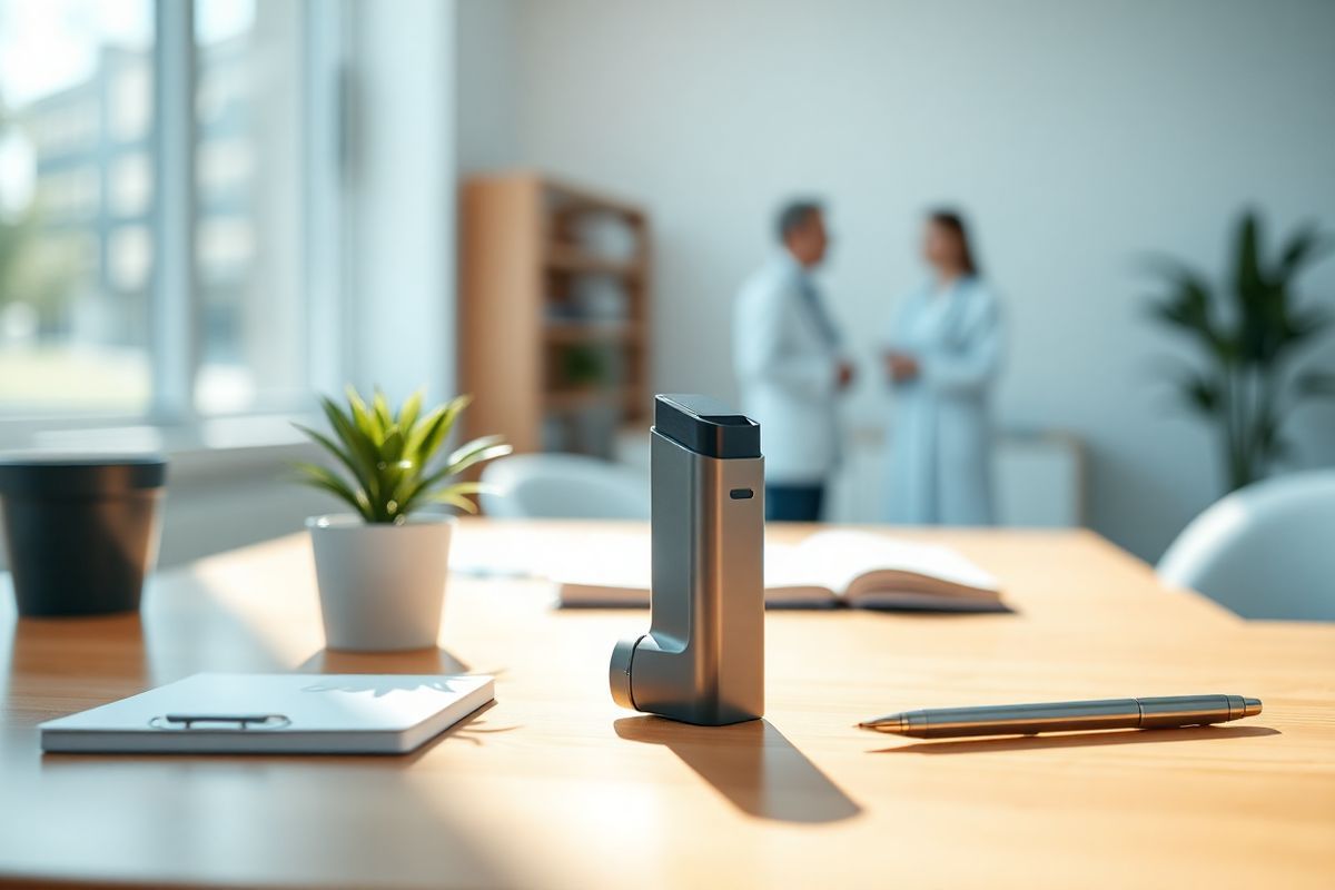 A photorealistic decorative image featuring a serene, minimalist scene in a well-lit, modern medical office. In the foreground, a sleek inhaler rests on a polished wooden desk, reflecting soft natural light filtering through a large window. Surrounding the inhaler are subtle elements that symbolize support and care: a small potted plant adds a touch of greenery, while a notepad and pen lie neatly beside it, suggesting thoughtful planning and organization. In the background, a blurred image of a healthcare provider speaking with a patient can be seen, conveying a sense of trust and collaboration. The color palette is calming, featuring soft blues and whites, evoking a feeling of tranquility and hope. The overall composition captures the essence of navigating healthcare with ease and confidence, highlighting the importance of understanding treatment options like Inbrija in a supportive environment.