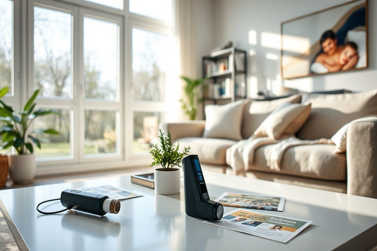 A photorealistic image of a serene home environment featuring a modern, well-lit living room with large windows that allow natural sunlight to flood in. In the foreground, a stylish inhaler sits on a sleek coffee table, surrounded by a few scattered medical pamphlets about Parkinson’s disease and Inbrija. The table is adorned with a small potted plant, adding a touch of greenery to the space. In the background, a comfortable sofa is positioned near a bookshelf filled with books and photographs of family moments. A soft, inviting throw blanket drapes over the arm of the sofa, suggesting warmth and comfort. The walls are painted in calming pastel tones, and a piece of abstract art hangs, enhancing the peaceful ambiance. The overall atmosphere conveys a sense of hope and support, reflecting a space where patients can feel at ease while managing their health. The image captures the essence of a home that blends functionality with aesthetic appeal, making it an ideal backdrop for discussing health management and wellbeing.