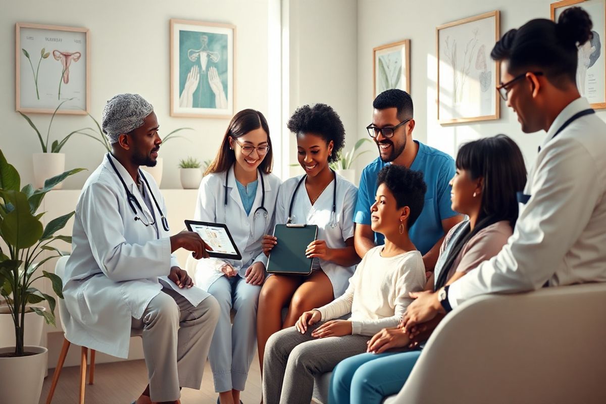 A photorealistic image of a serene, softly lit medical consultation room, featuring a diverse group of healthcare professionals engaged in a compassionate discussion with a young intersex individual. The background showcases a calming palette of pastel colors with plants and artwork that promote inclusivity and acceptance. The healthcare professionals, representing various ethnic backgrounds, display warmth and empathy, with one pointing to a digital tablet displaying diagrams of human anatomy related to intersex variations. The young individual, seated comfortably, appears at ease, surrounded by supportive family members, reflecting a nurturing environment. Sunlight filters through a window, casting gentle shadows and enhancing the room’s inviting atmosphere. The scene embodies understanding, care, and community, highlighting the importance of holistic support for individuals with intersex variations.